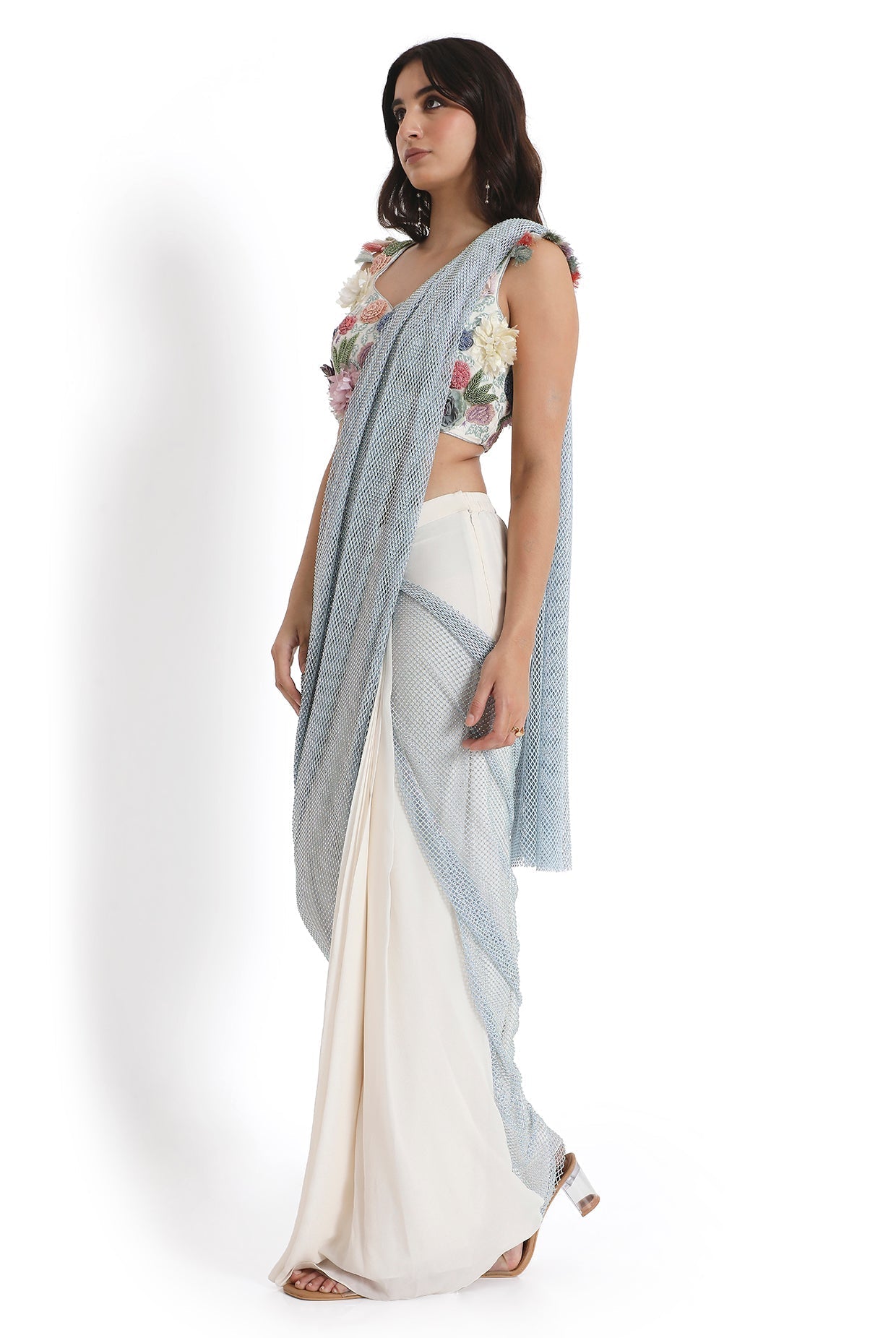 Off-White Embroidered Choli With Saree