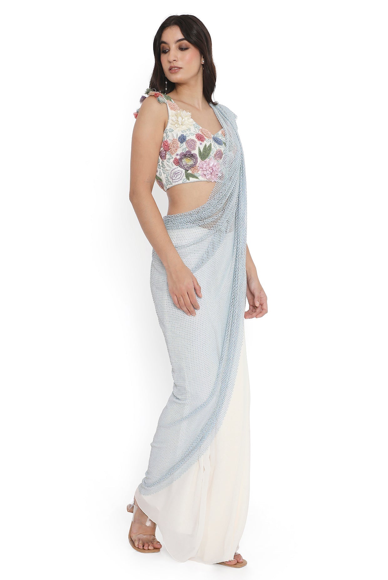 Off-White Embroidered Choli With Saree