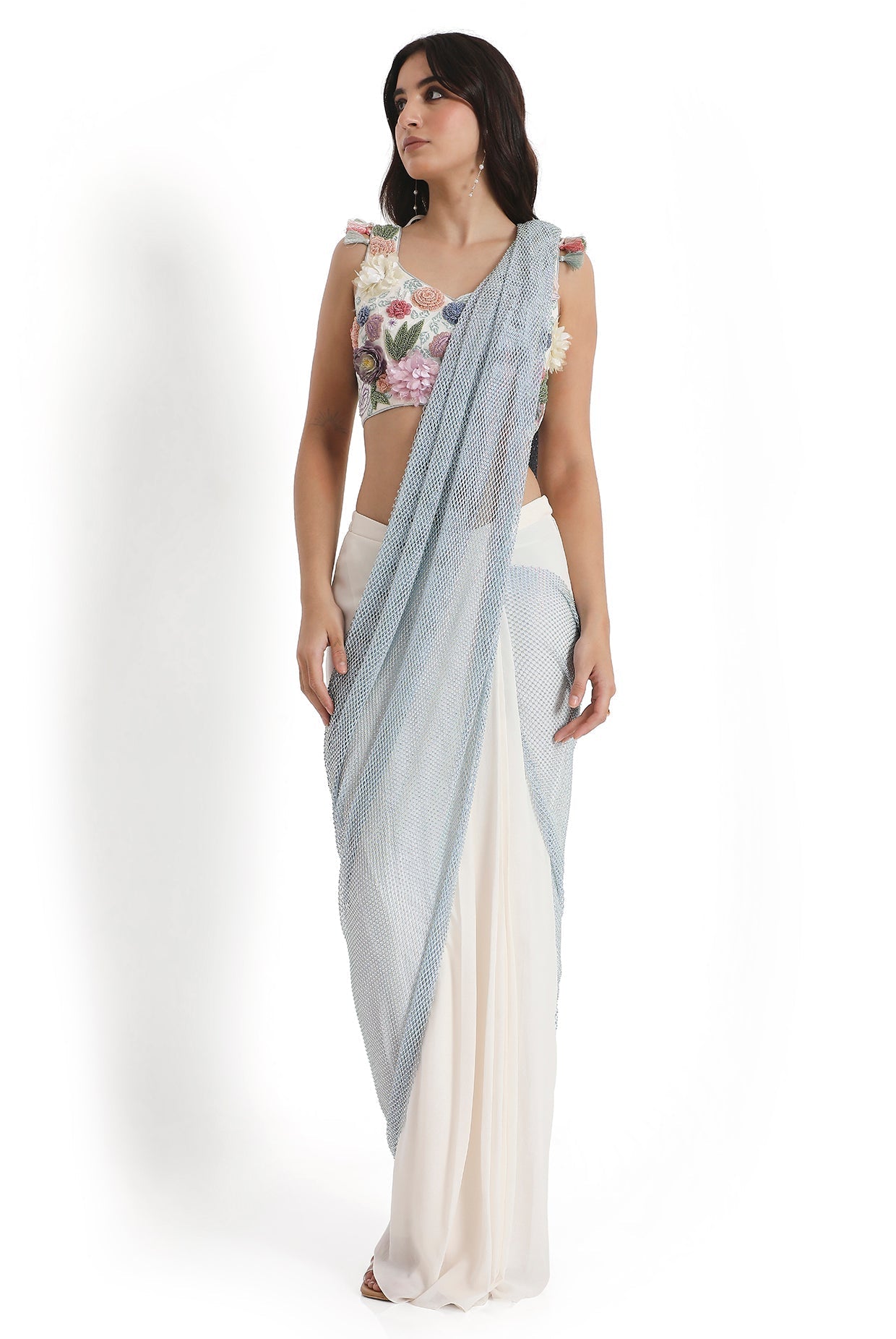 Off-White Embroidered Choli With Saree