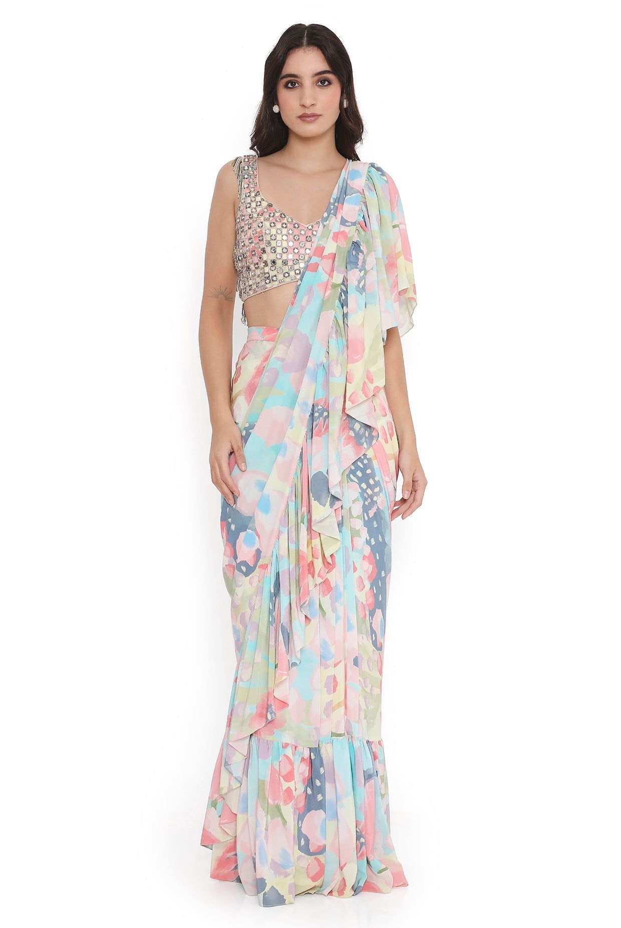 Multi Colour Embroidered Choli With Euphoria Printed Ruffle Saree