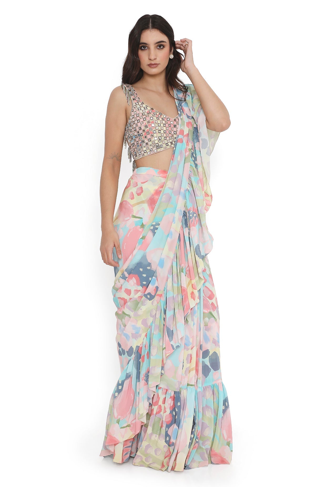 Multi Colour Embroidered Choli With Euphoria Printed Ruffle Saree