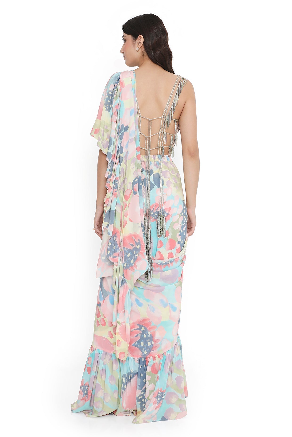 Multi Colour Embroidered Choli With Euphoria Printed Ruffle Saree