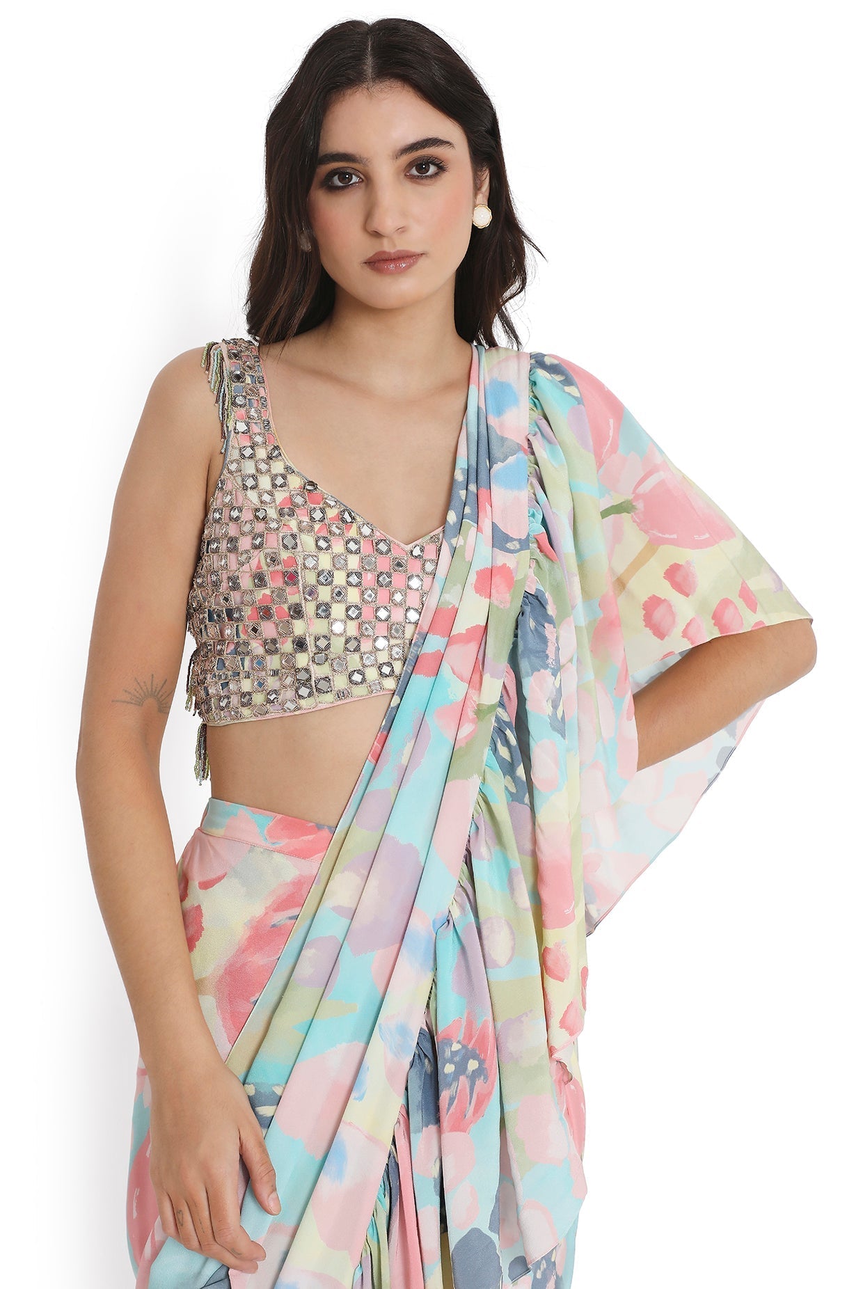 Multi Colour Embroidered Choli With Euphoria Printed Ruffle Saree