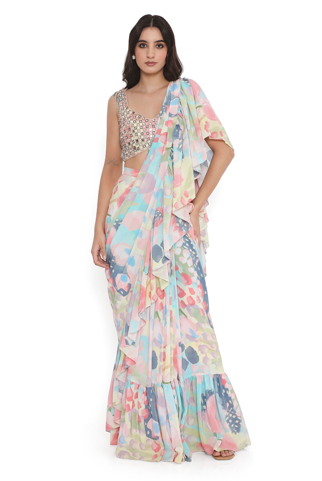 Multi Colour Embroidered Choli With Euphoria Printed Ruffle Saree