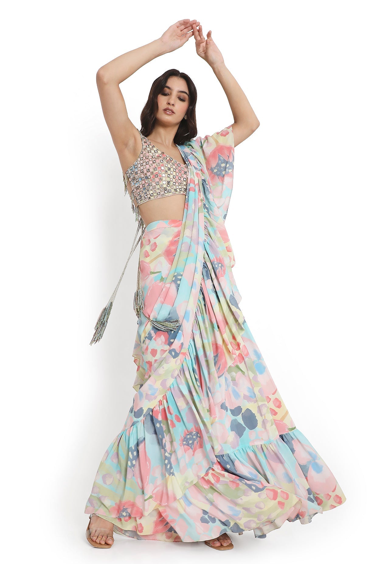 Multi Colour Embroidered Choli With Euphoria Printed Ruffle Saree
