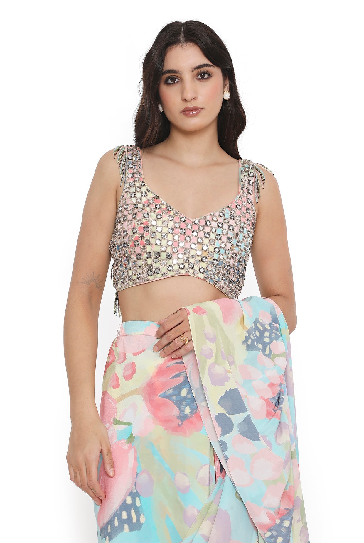 Multi Colour Embroidered Choli With Euphoria Printed Ruffle Saree