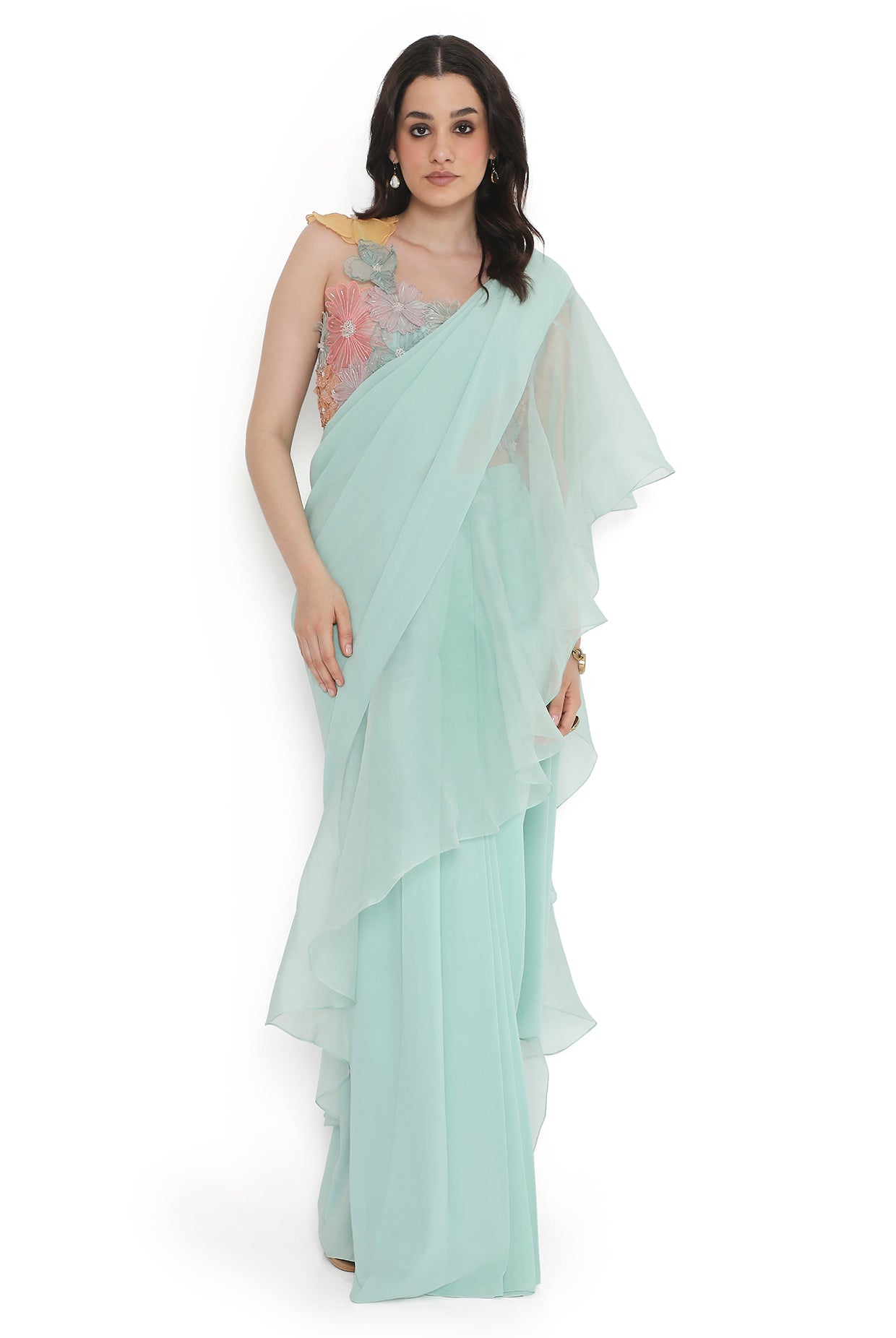 Aqua Embroidered Choli With Pre-Stitched Ruffled Saree
