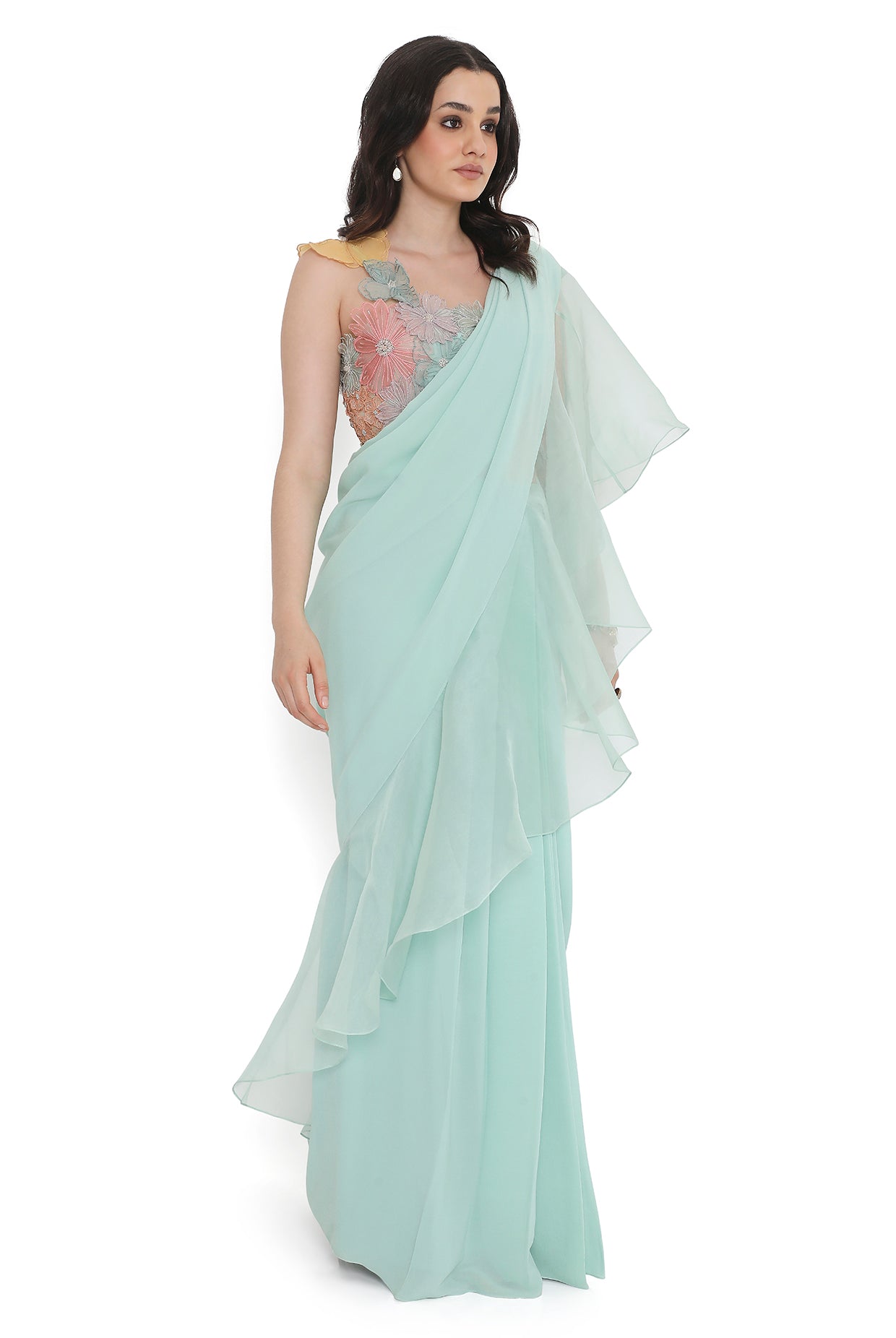 Aqua Embroidered Choli With Pre-Stitched Ruffled Saree