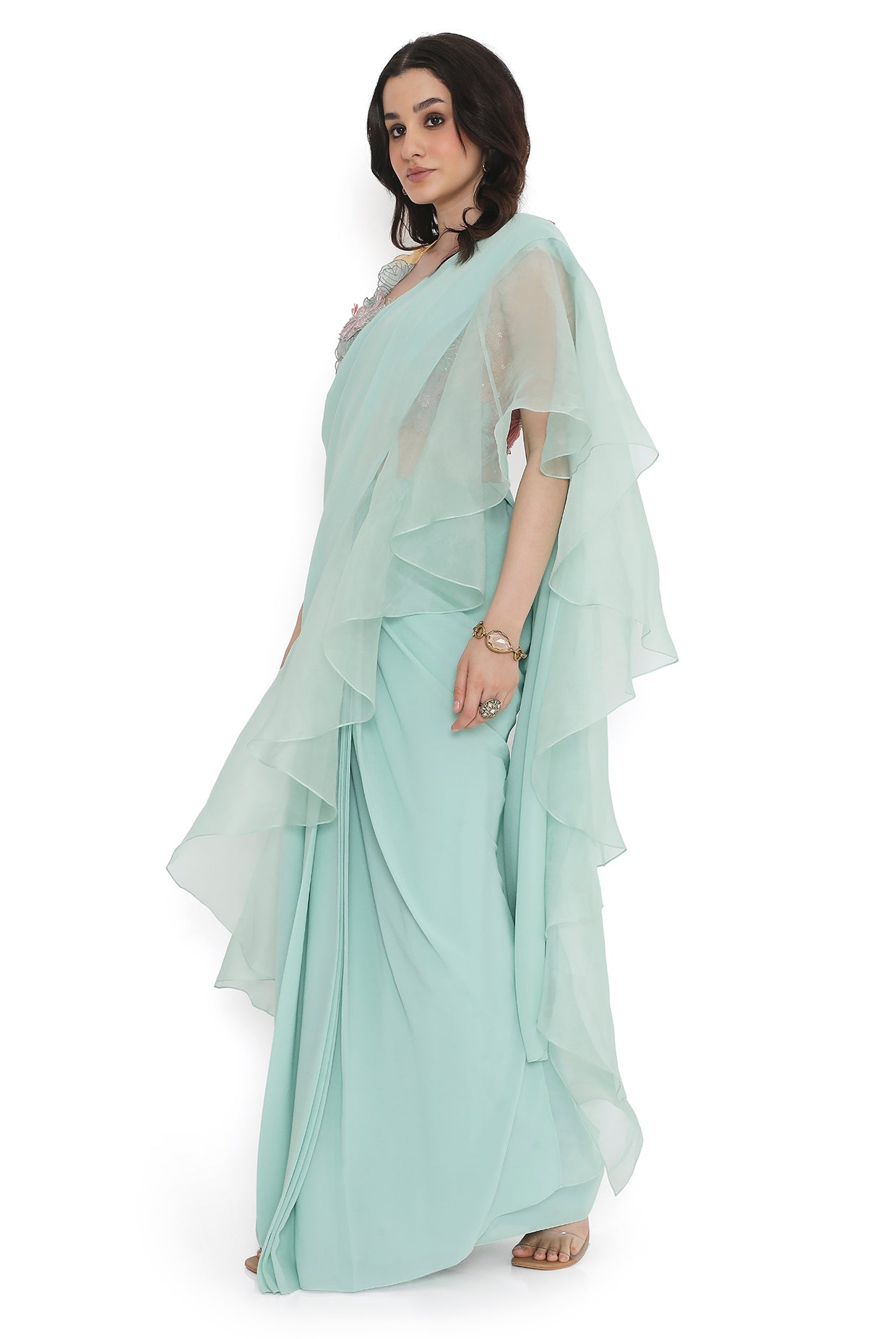 Aqua Embroidered Choli With Pre-Stitched Ruffled Saree
