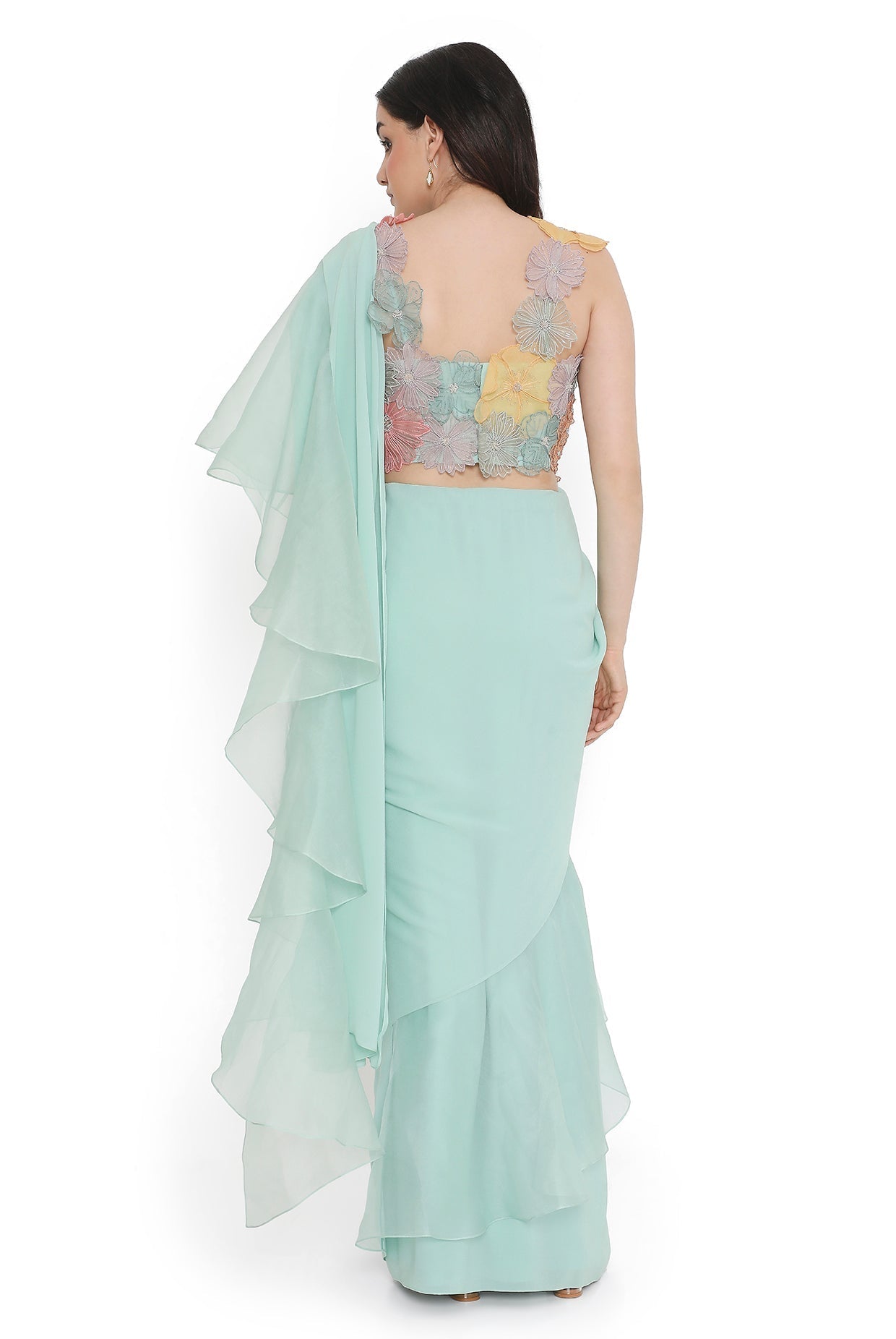 Aqua Embroidered Choli With Pre-Stitched Ruffled Saree