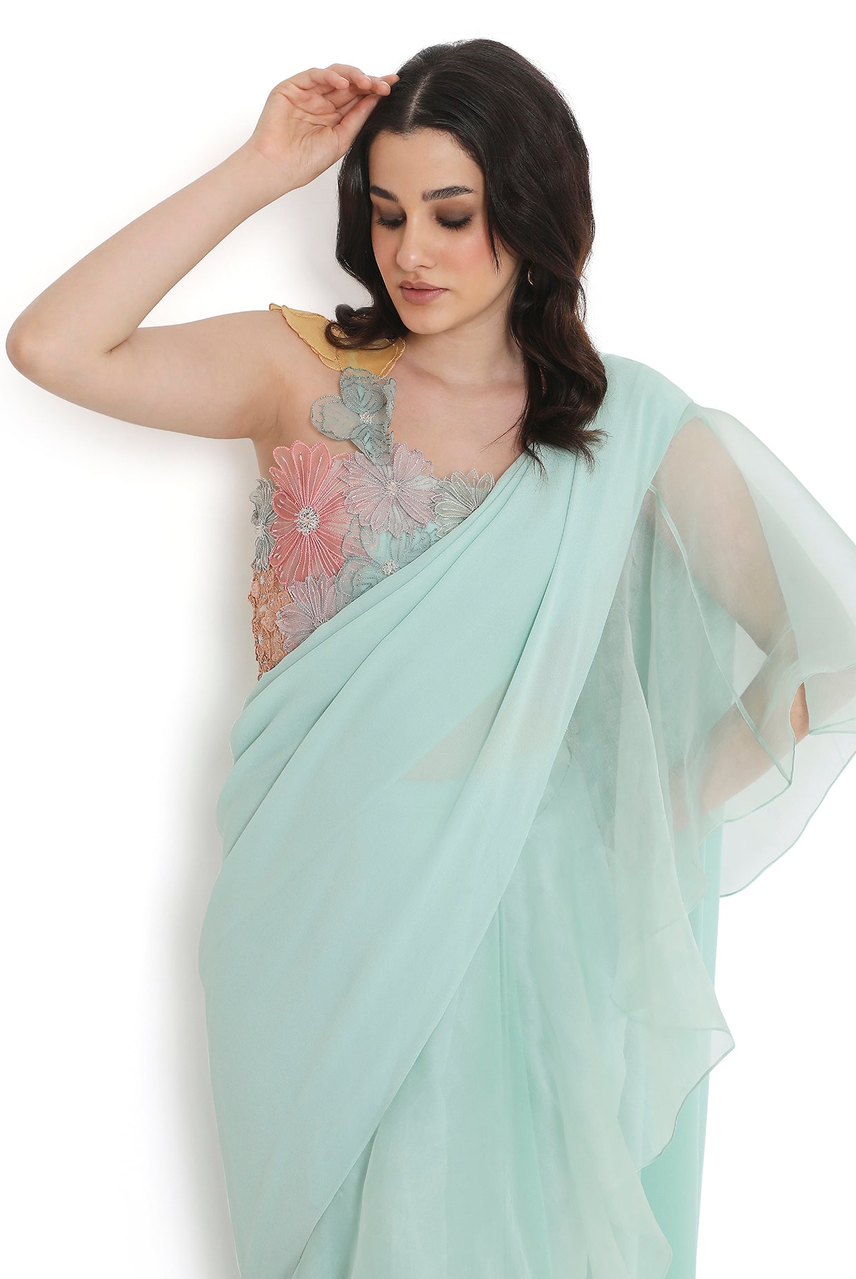 Aqua Embroidered Choli With Pre-Stitched Ruffled Saree