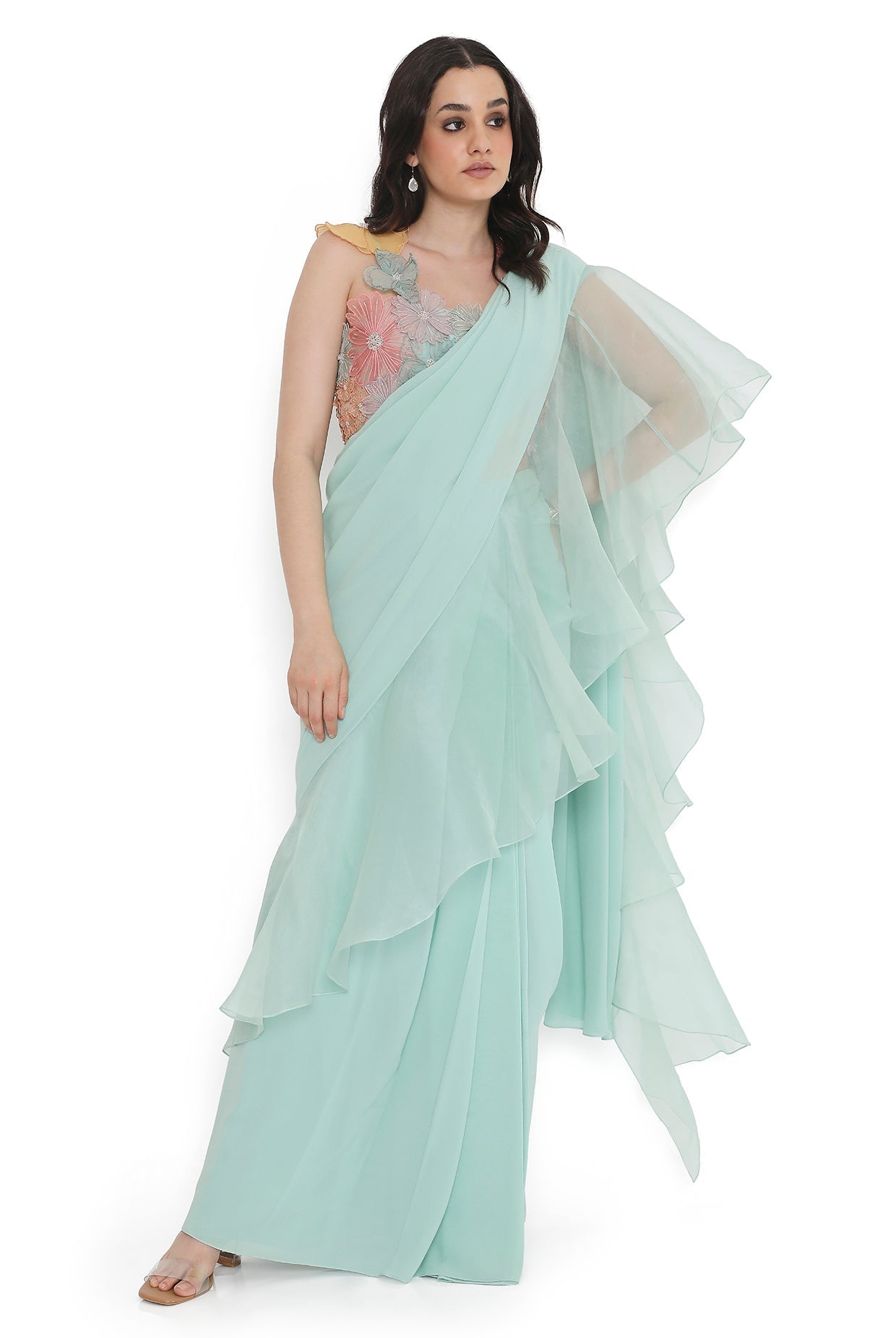 Aqua Embroidered Choli With Pre-Stitched Ruffled Saree