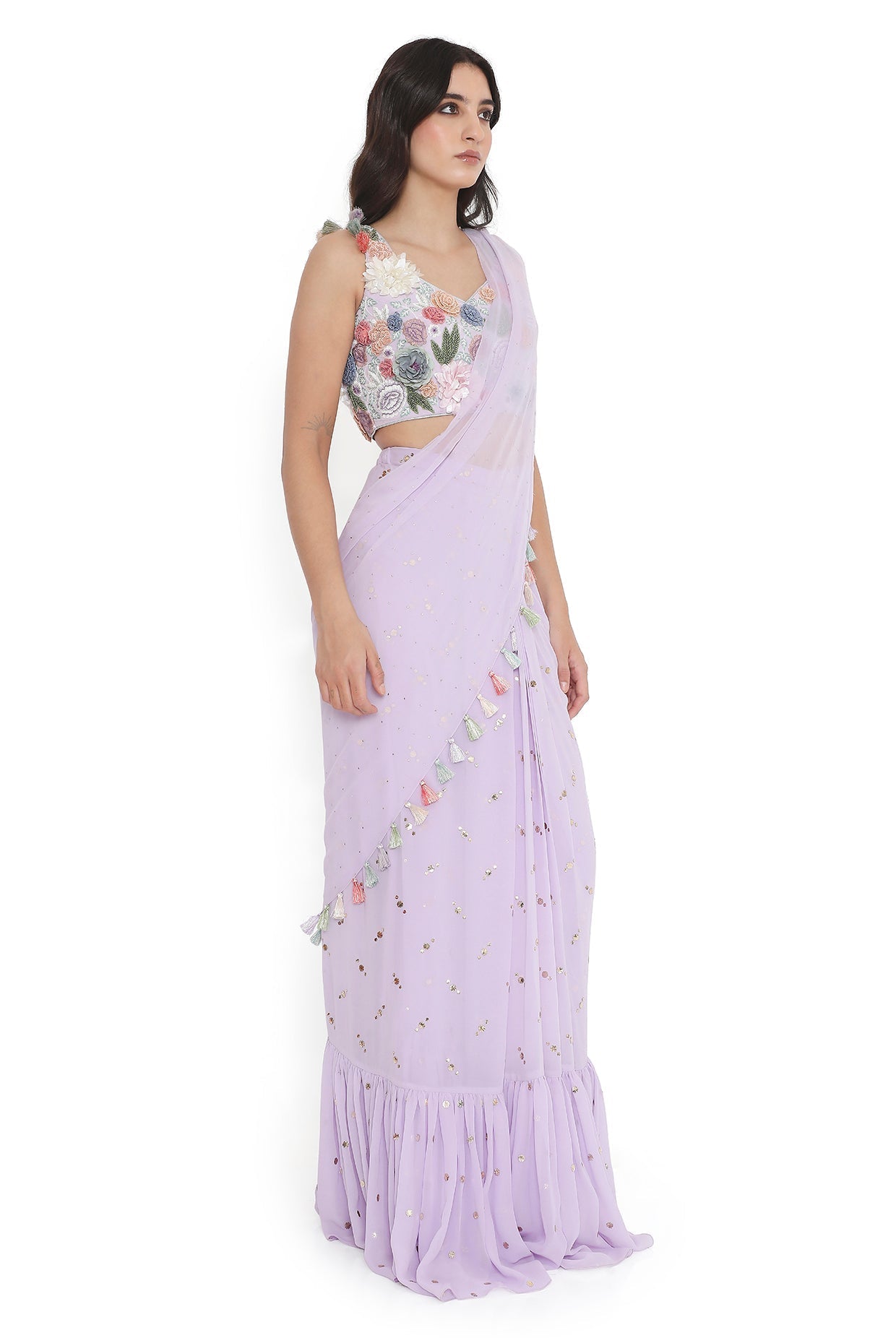 Lavender Embroiderd Choli With Frill Saree