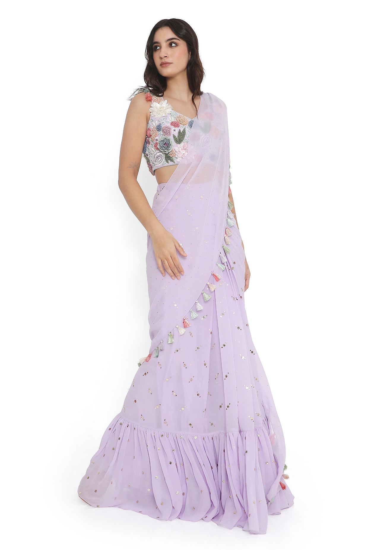 Lavender Embroiderd Choli With Frill Saree