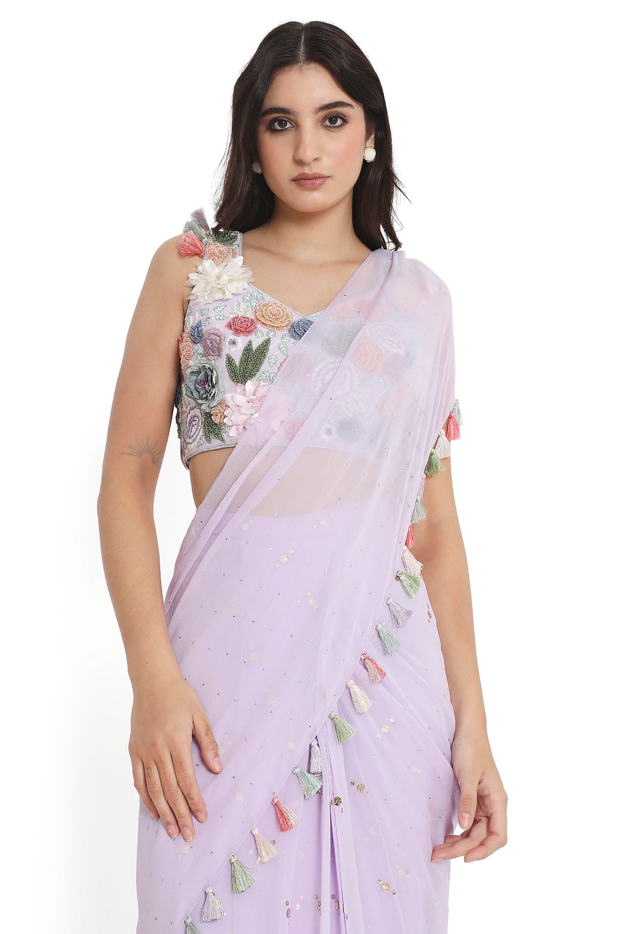 Lavender Embroiderd Choli With Frill Saree