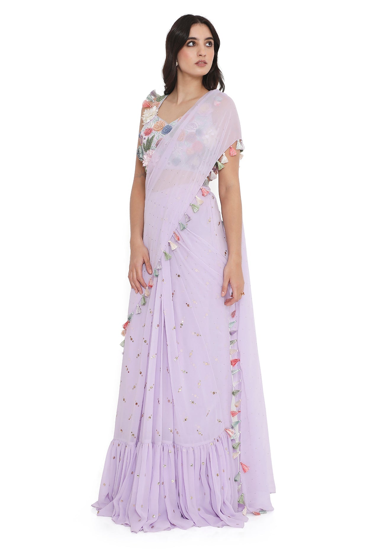 Lavender Embroiderd Choli With Frill Saree
