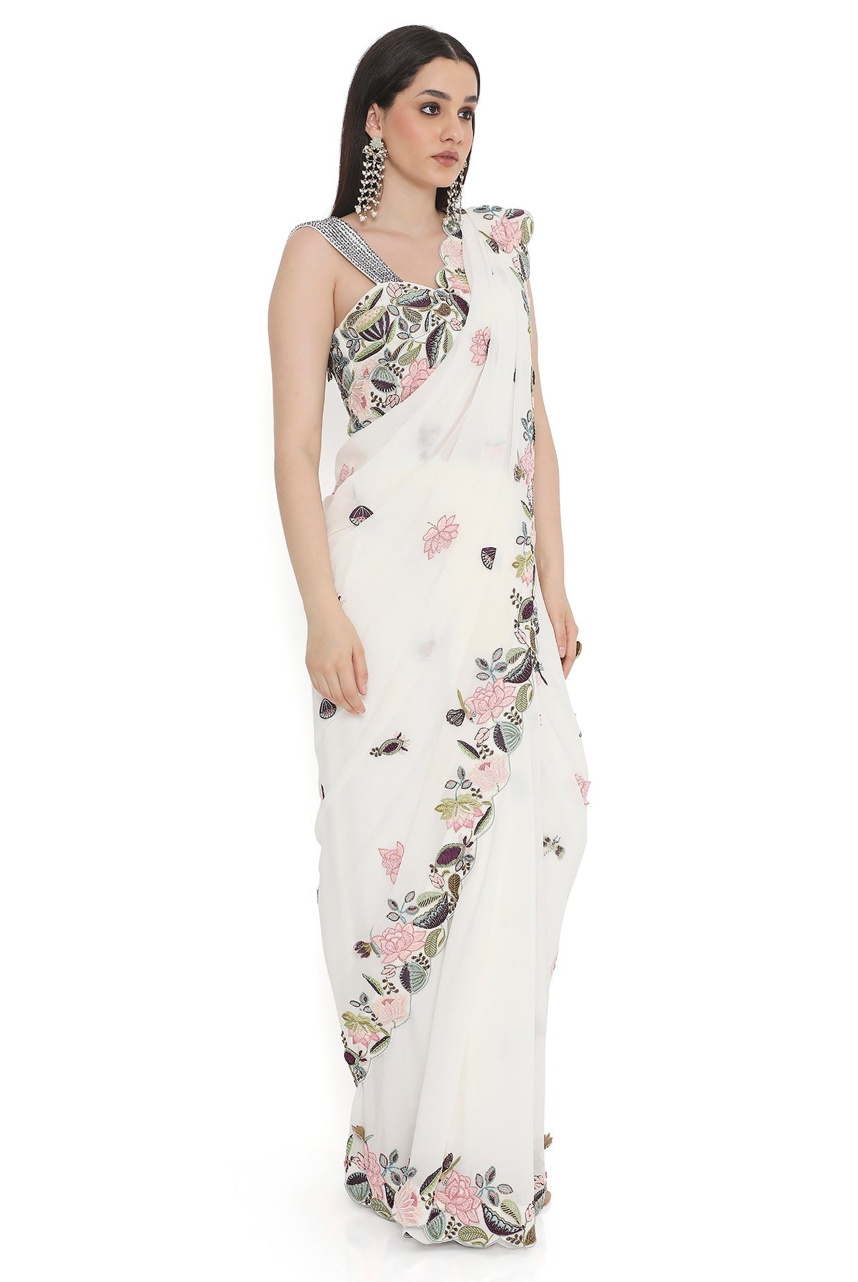 Ivory Embroidered Choli With Embroidered Saree And Petticoat