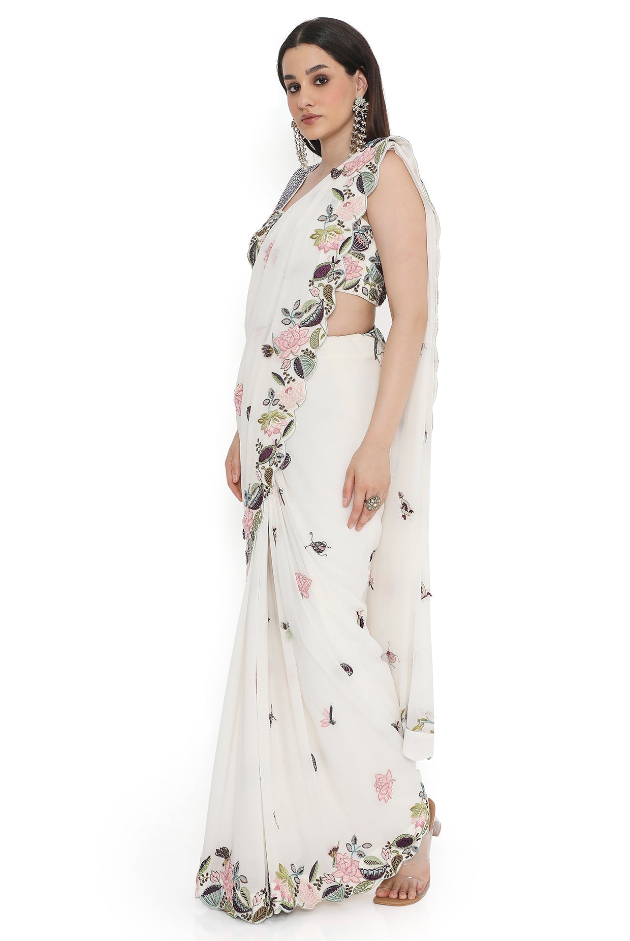 Ivory Embroidered Choli With Embroidered Saree And Petticoat