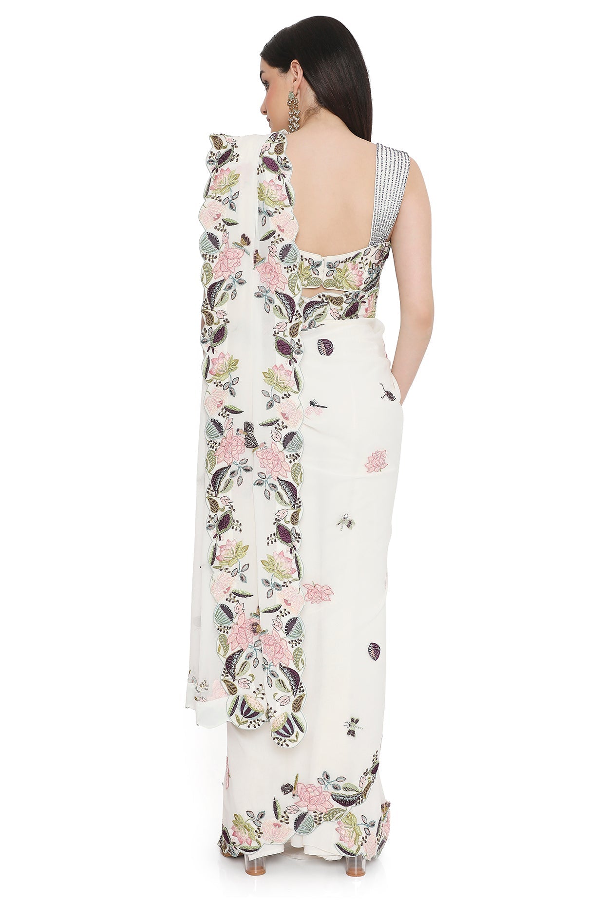 Ivory Embroidered Choli With Embroidered Saree And Petticoat