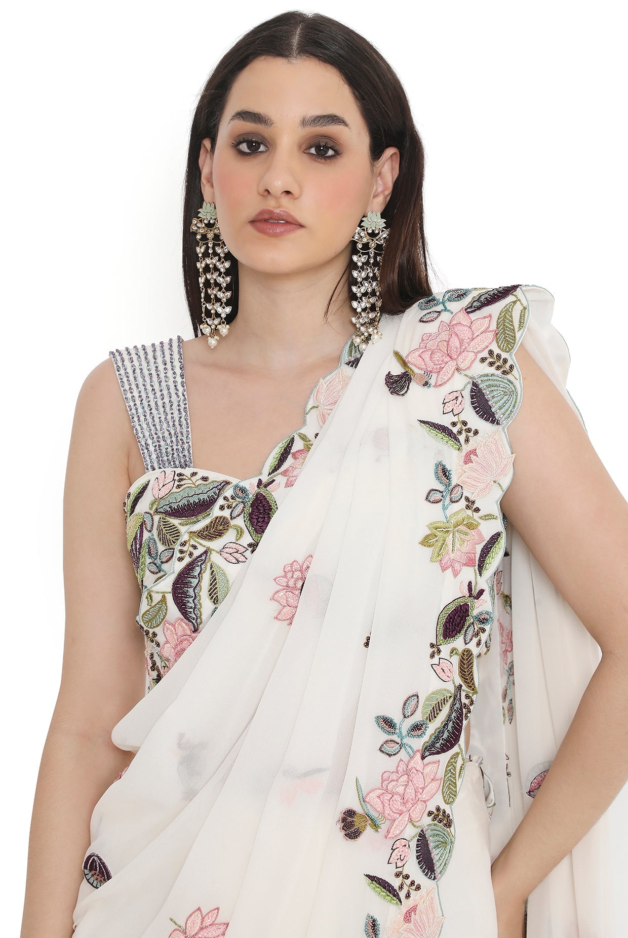 Ivory Embroidered Choli With Embroidered Saree And Petticoat