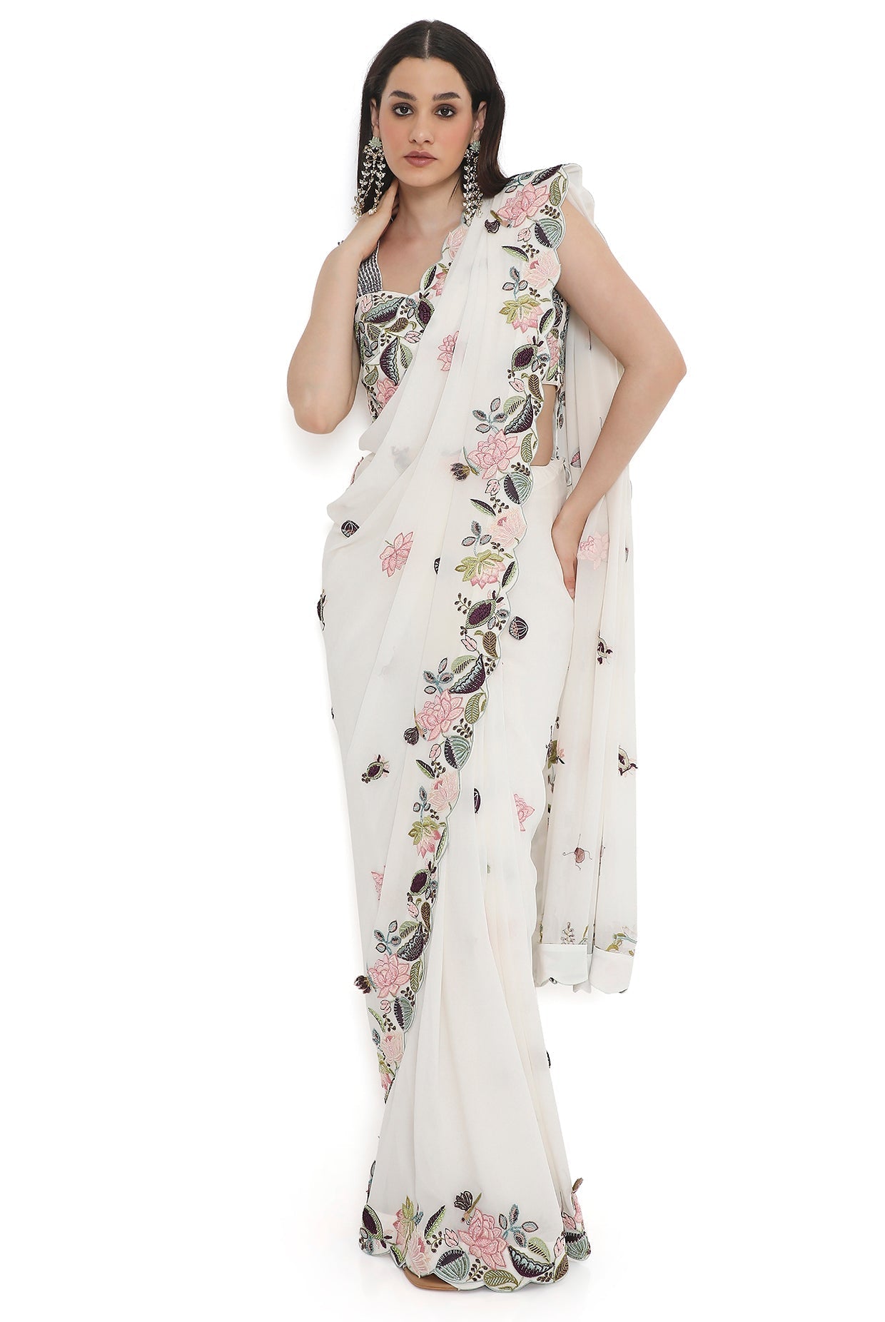 Ivory Embroidered Choli With Embroidered Saree And Petticoat