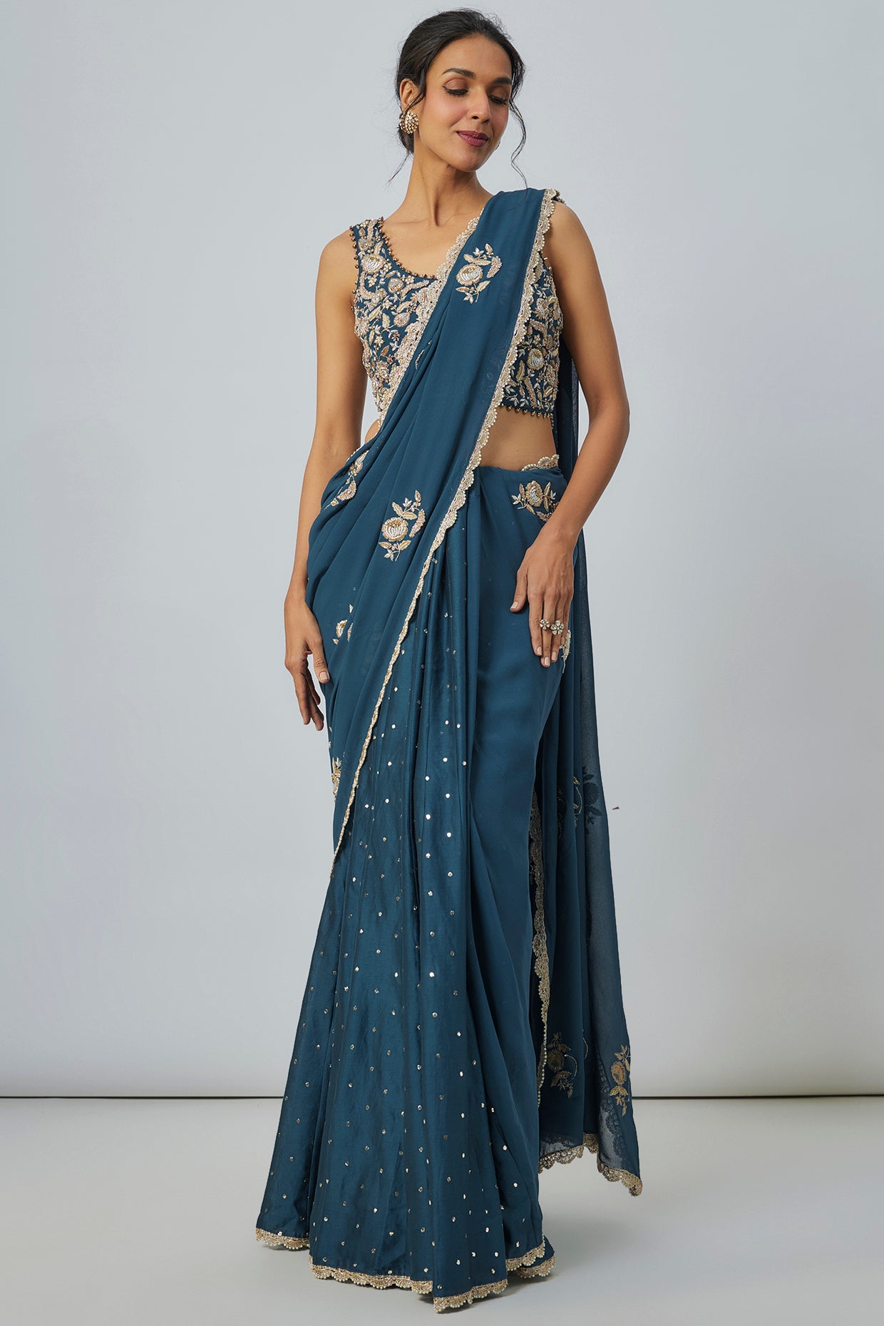 Teal Blue Embroidered Choli With Embroidered Saree