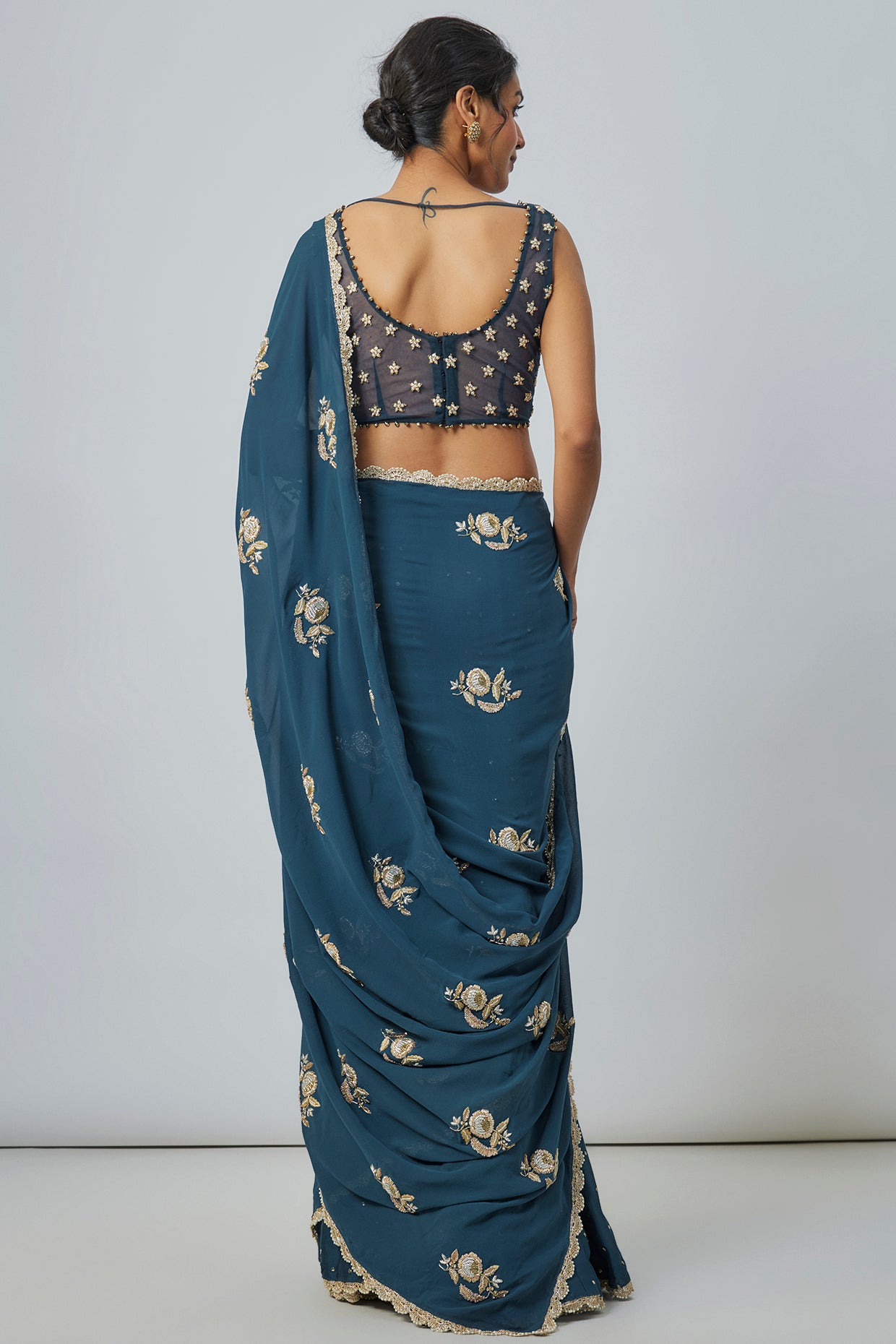 Teal Blue Embroidered Choli With Embroidered Saree