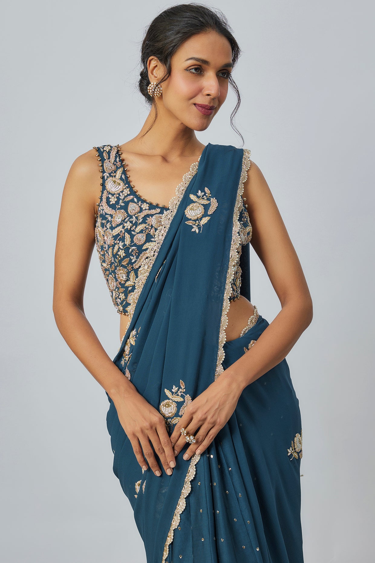 Teal Blue Embroidered Choli With Embroidered Saree