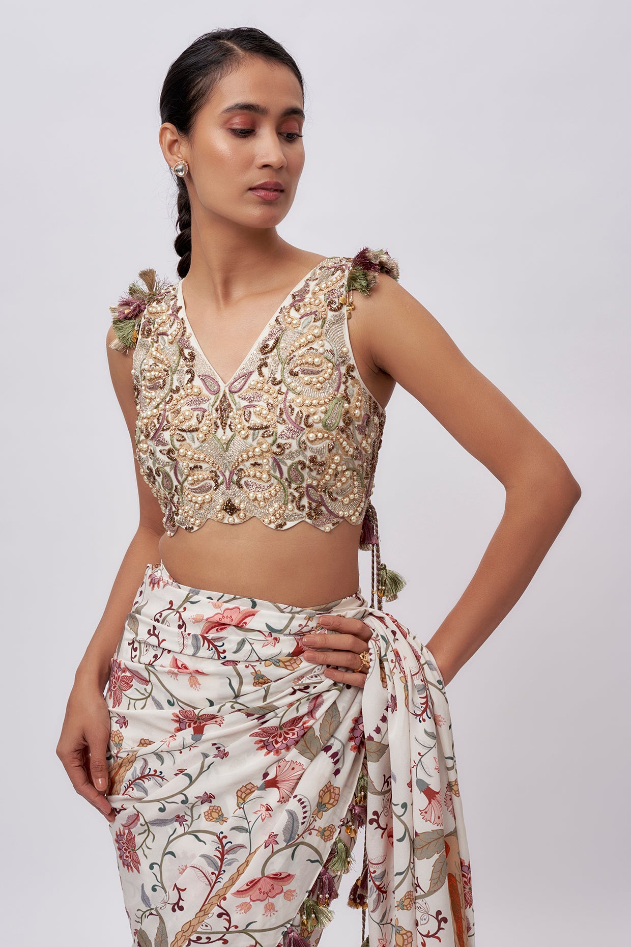Cream Georgette Embroidered Choli With Cream Ochre Forest Whisper Print Crepe Pre-Stitched Saree.