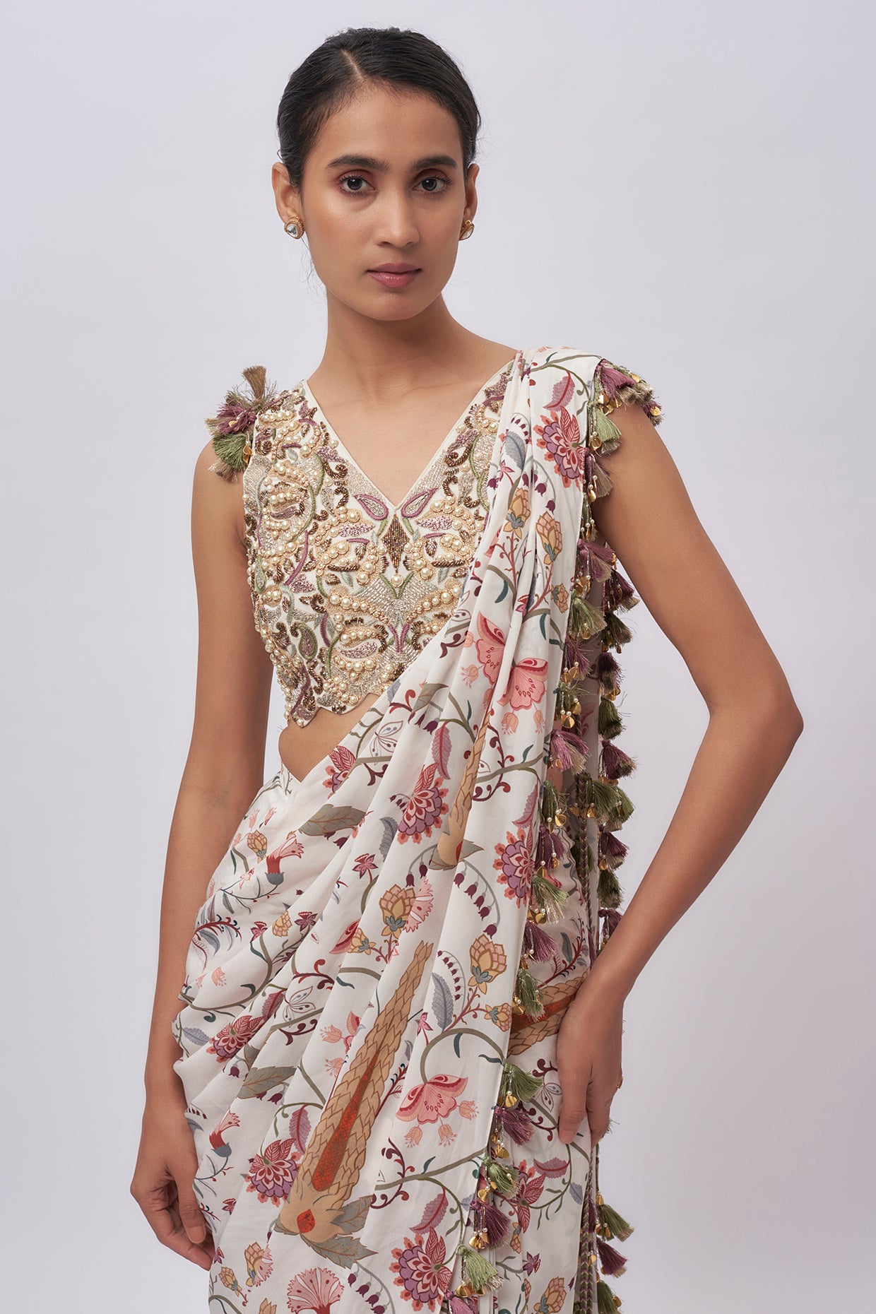 Cream Georgette Embroidered Choli With Cream Ochre Forest Whisper Print Crepe Pre-Stitched Saree.