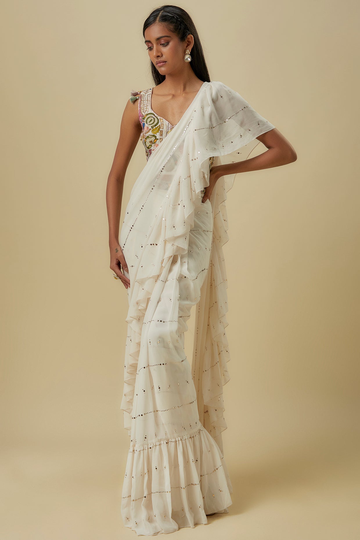 Off-White Georgette Embroidered Choli With Off-White Line Mukash Georgette Saree With Attached Embroidered Belt.