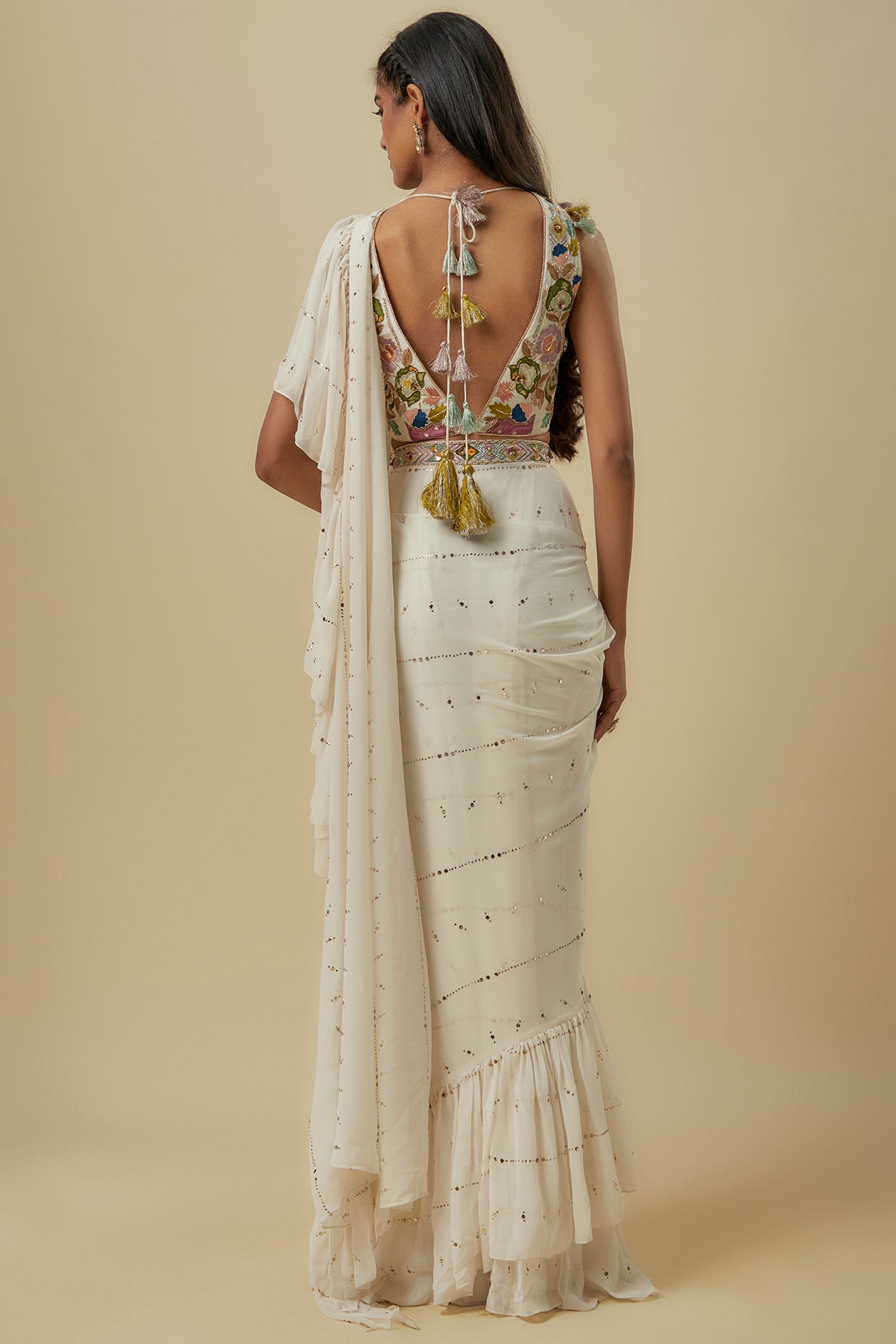 Off-White Georgette Embroidered Choli With Off-White Line Mukash Georgette Saree With Attached Embroidered Belt.