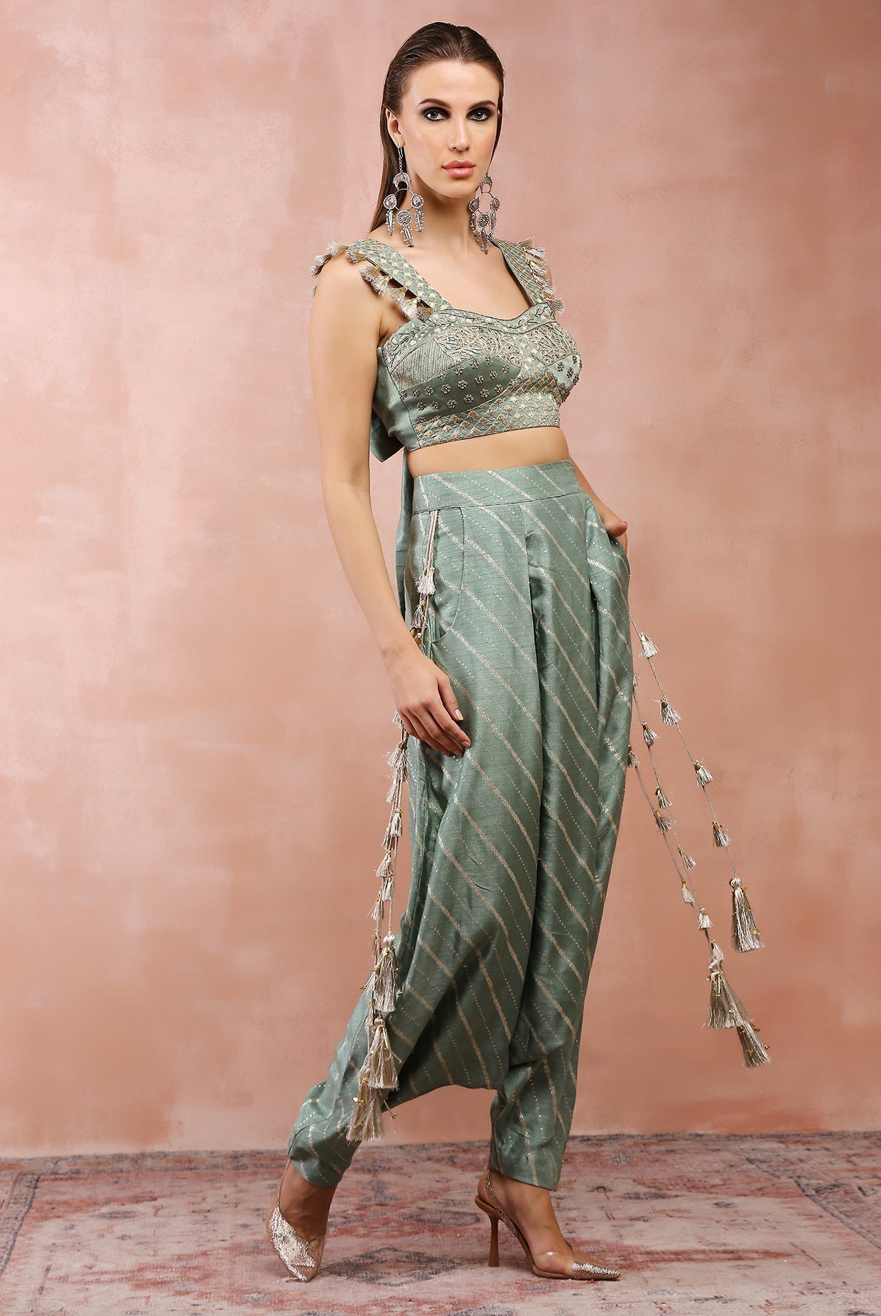 Sage green embroidered corset top with lowcrotch pant and side tassels