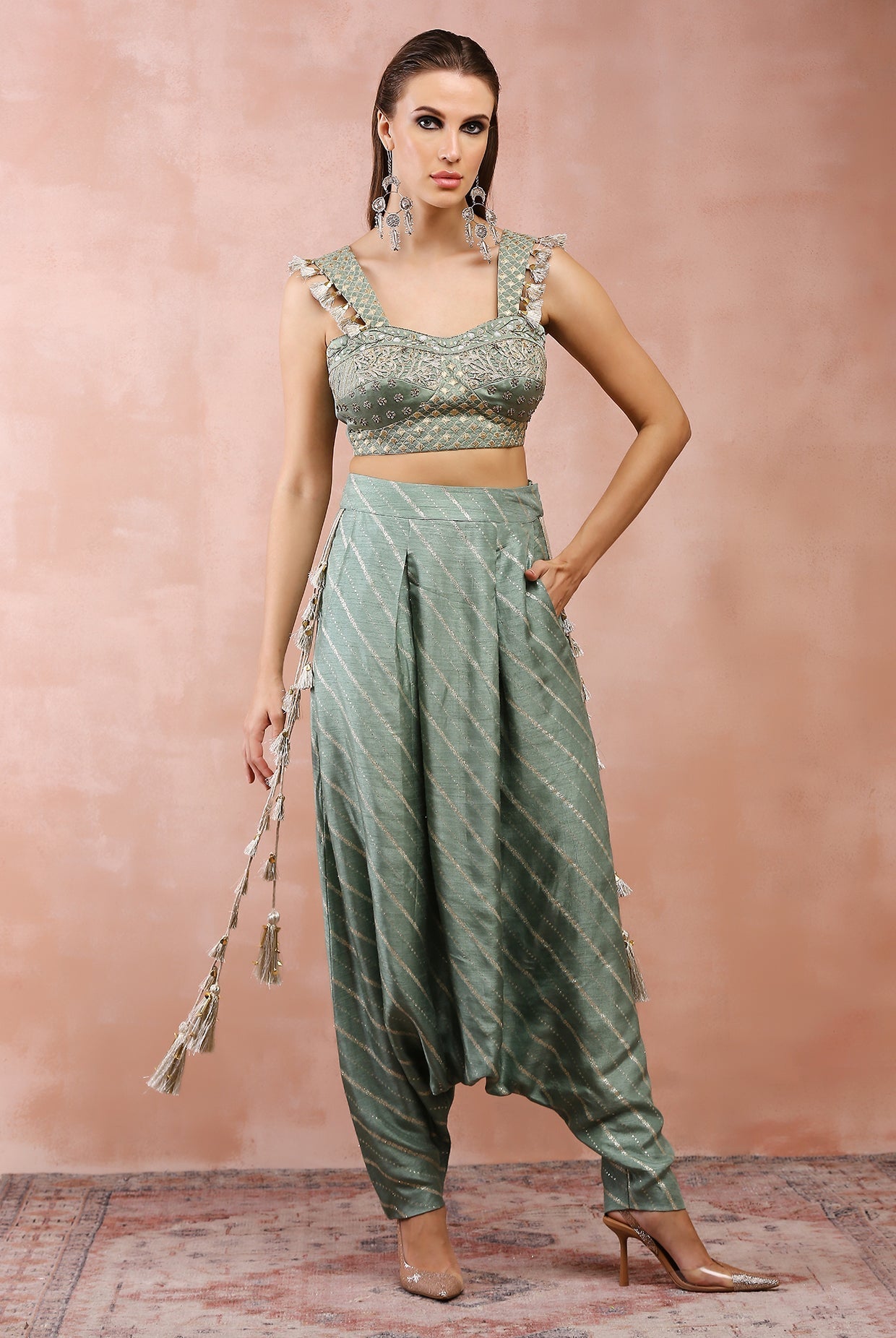 Sage green embroidered corset top with lowcrotch pant and side tassels