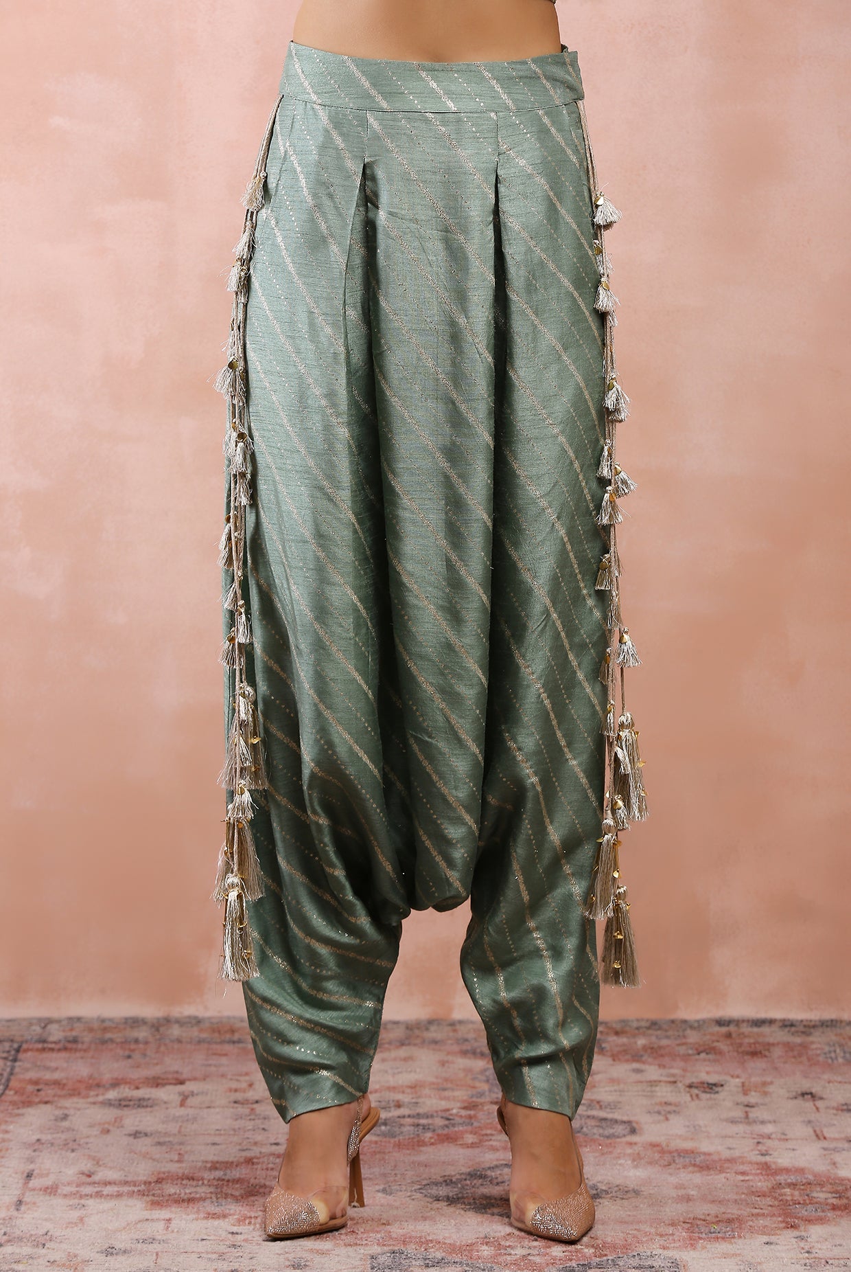 Sage green embroidered corset top with lowcrotch pant and side tassels