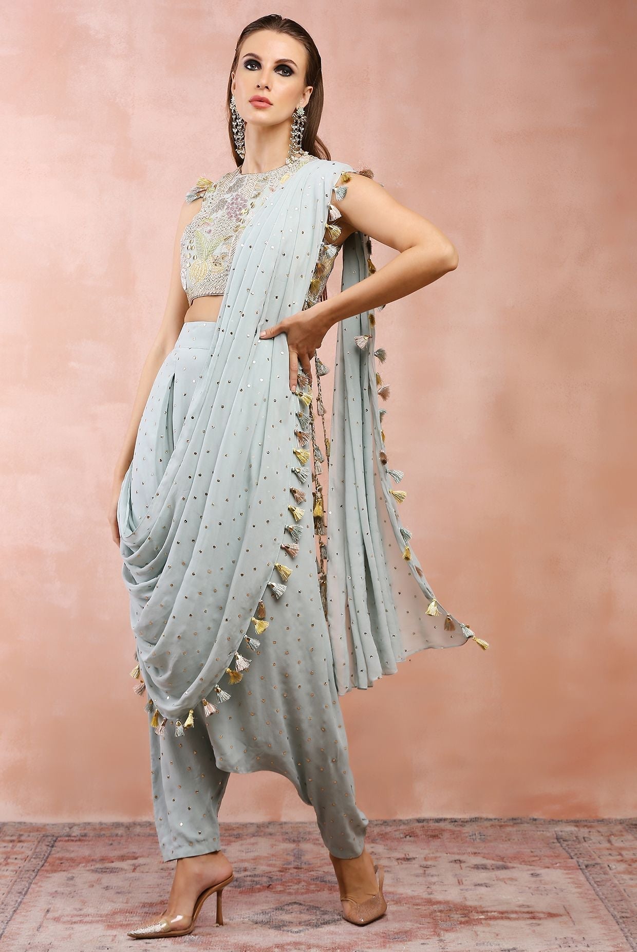 POWDER BLUE EMBROIDERED CHOLI AND LOW CROTCH PANT WITH ATTACHED DRAPE