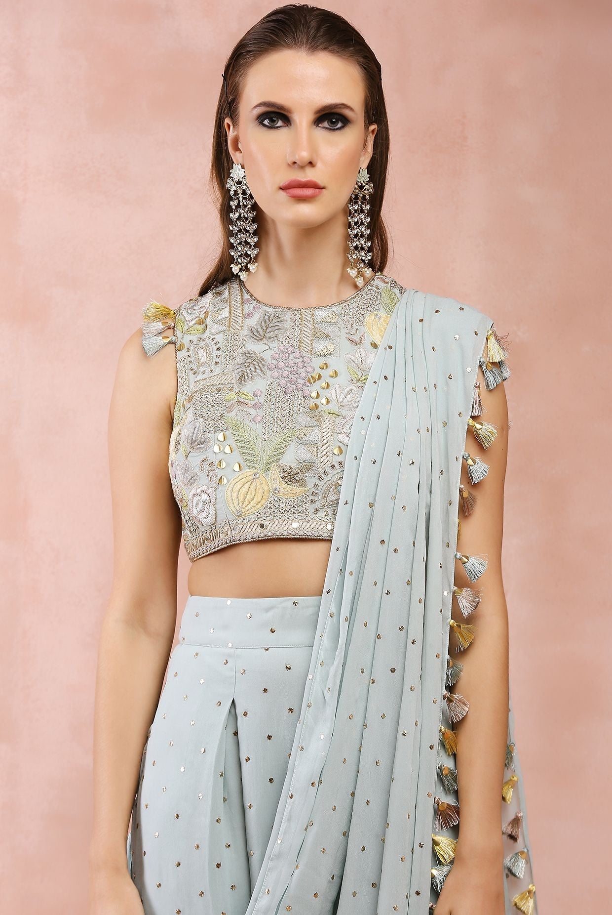 POWDER BLUE EMBROIDERED CHOLI AND LOW CROTCH PANT WITH ATTACHED DRAPE