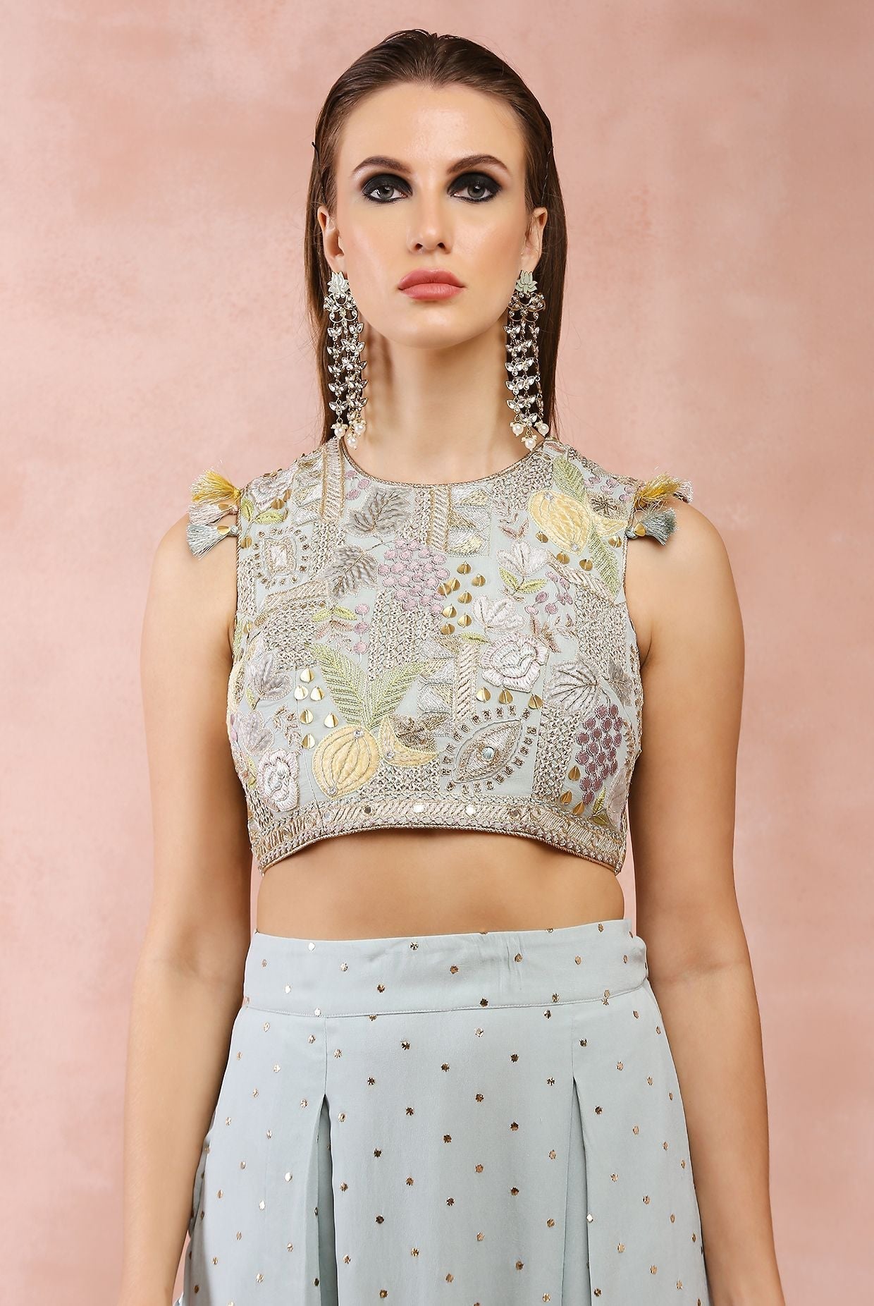 POWDER BLUE EMBROIDERED CHOLI AND LOW CROTCH PANT WITH ATTACHED DRAPE