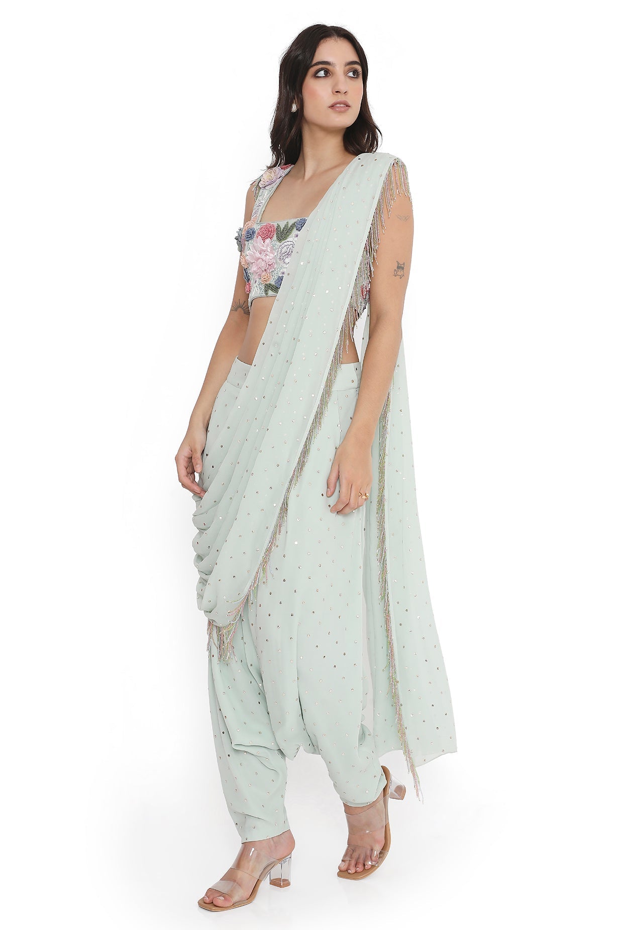 Sea Foam Embroidered Choli With Low Crotch Dhoti Drape