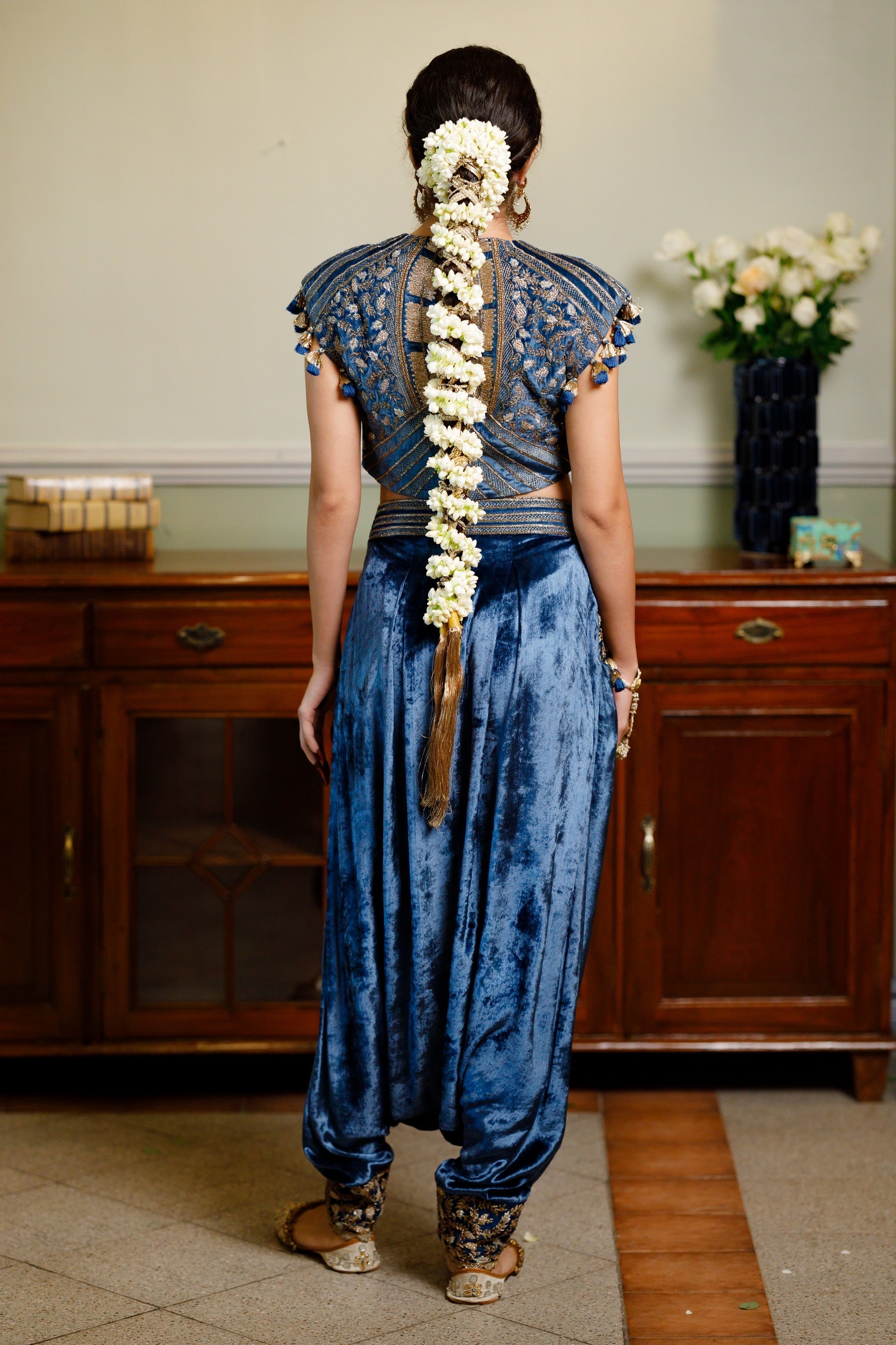 Qirat Navy Blue Embroidered Boxy Choli And Low Crotch Pant