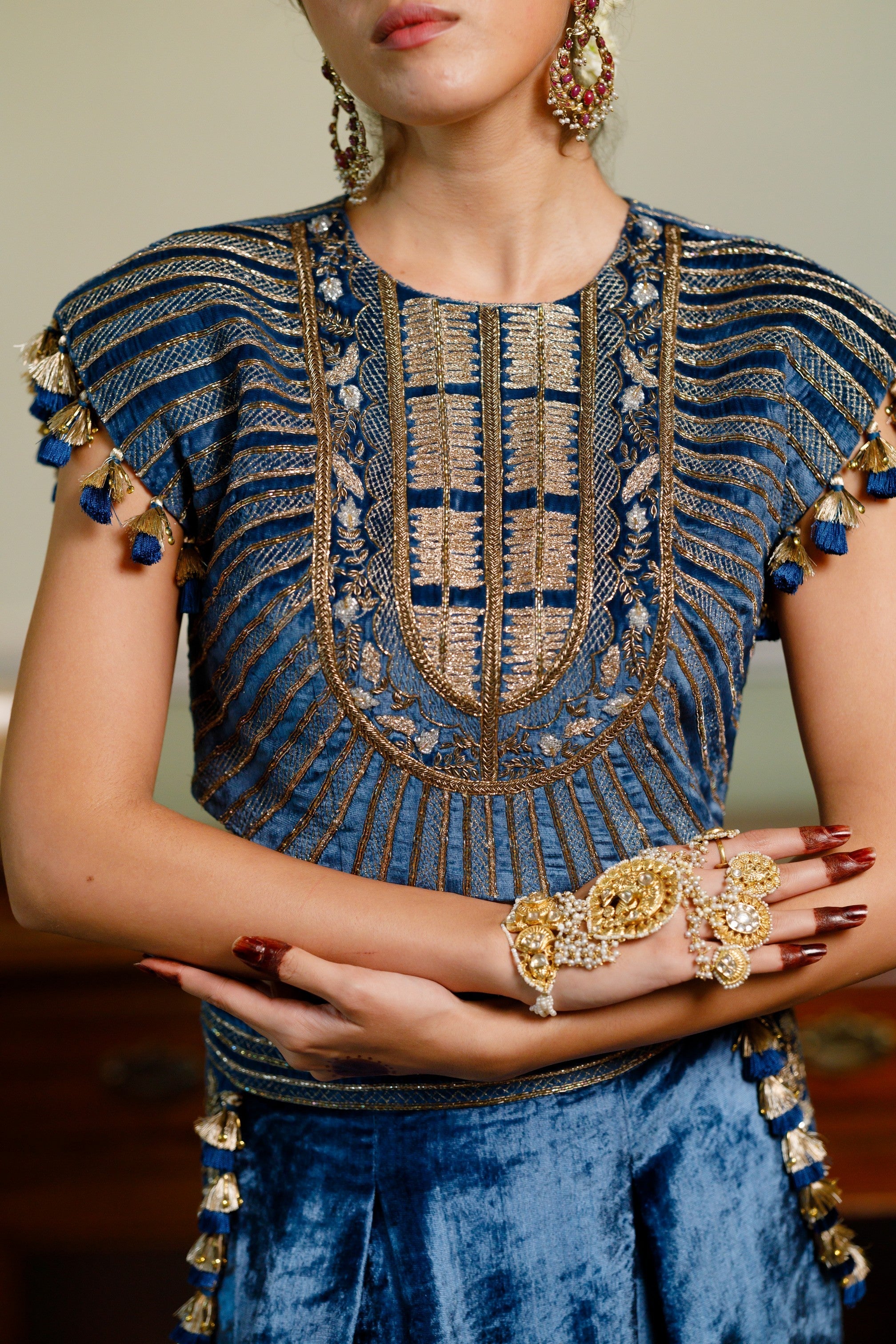 Qirat Navy Blue Embroidered Boxy Choli And Low Crotch Pant