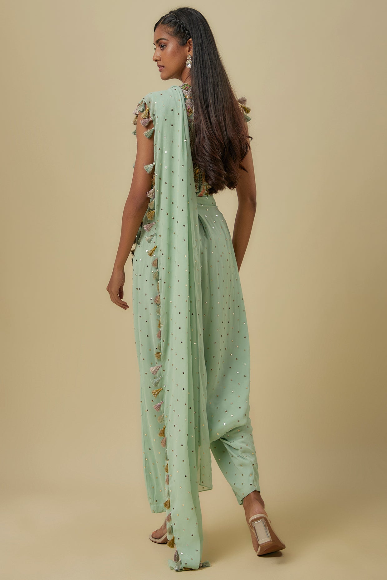 Mint Embroidered Georgette Choli With Heavy Mukaish Georgette Dhoti Saree.