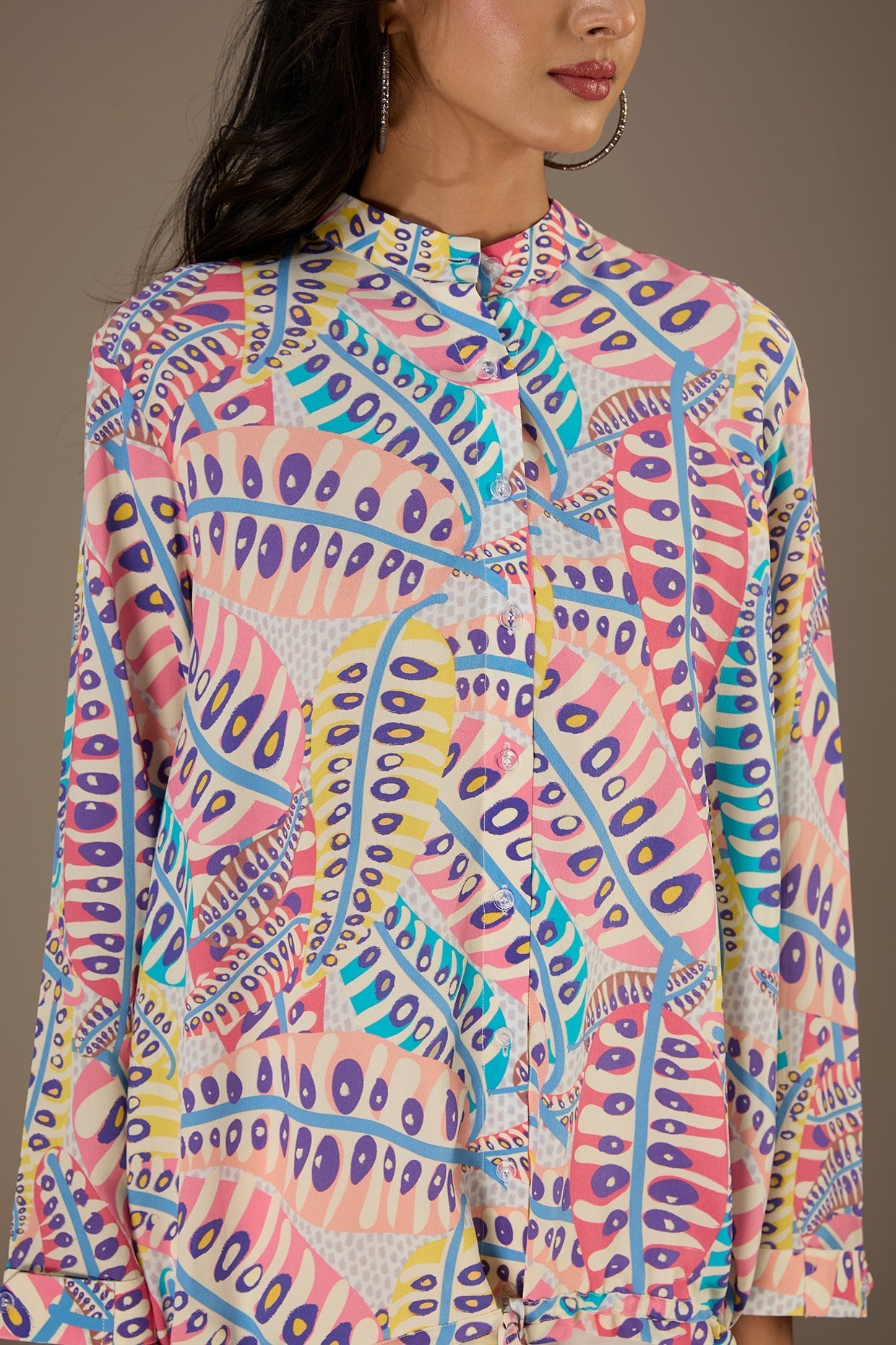 Blue Printed Crepe Top With Waist Tie Up