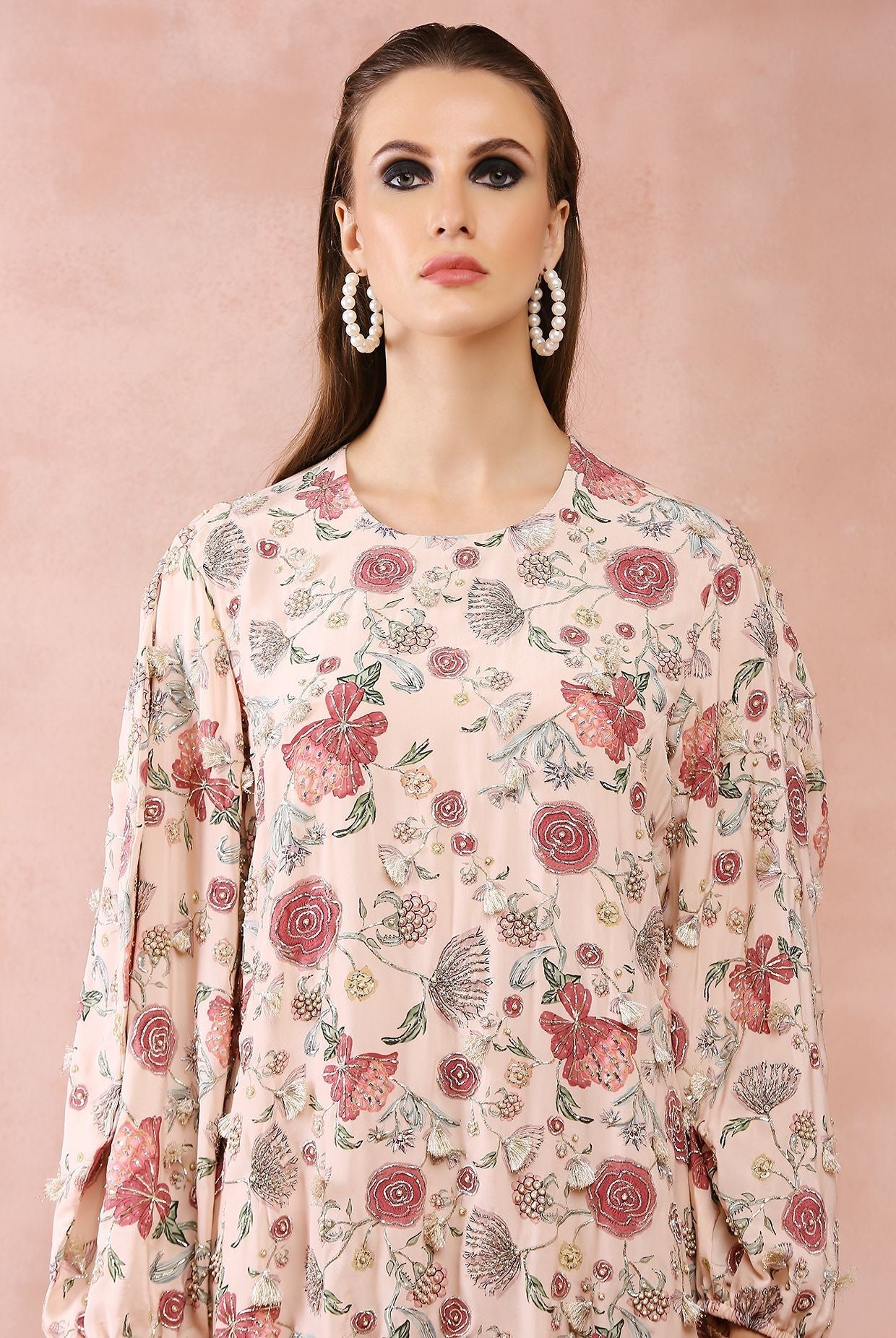 Blush pink gulbagh print front embroidered drawstring top