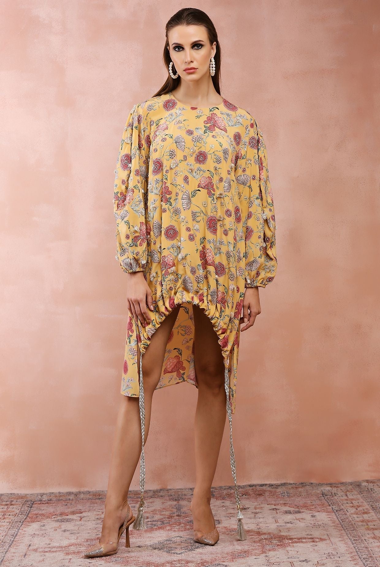 Mustard gulbagh print front embroidered drawstring top