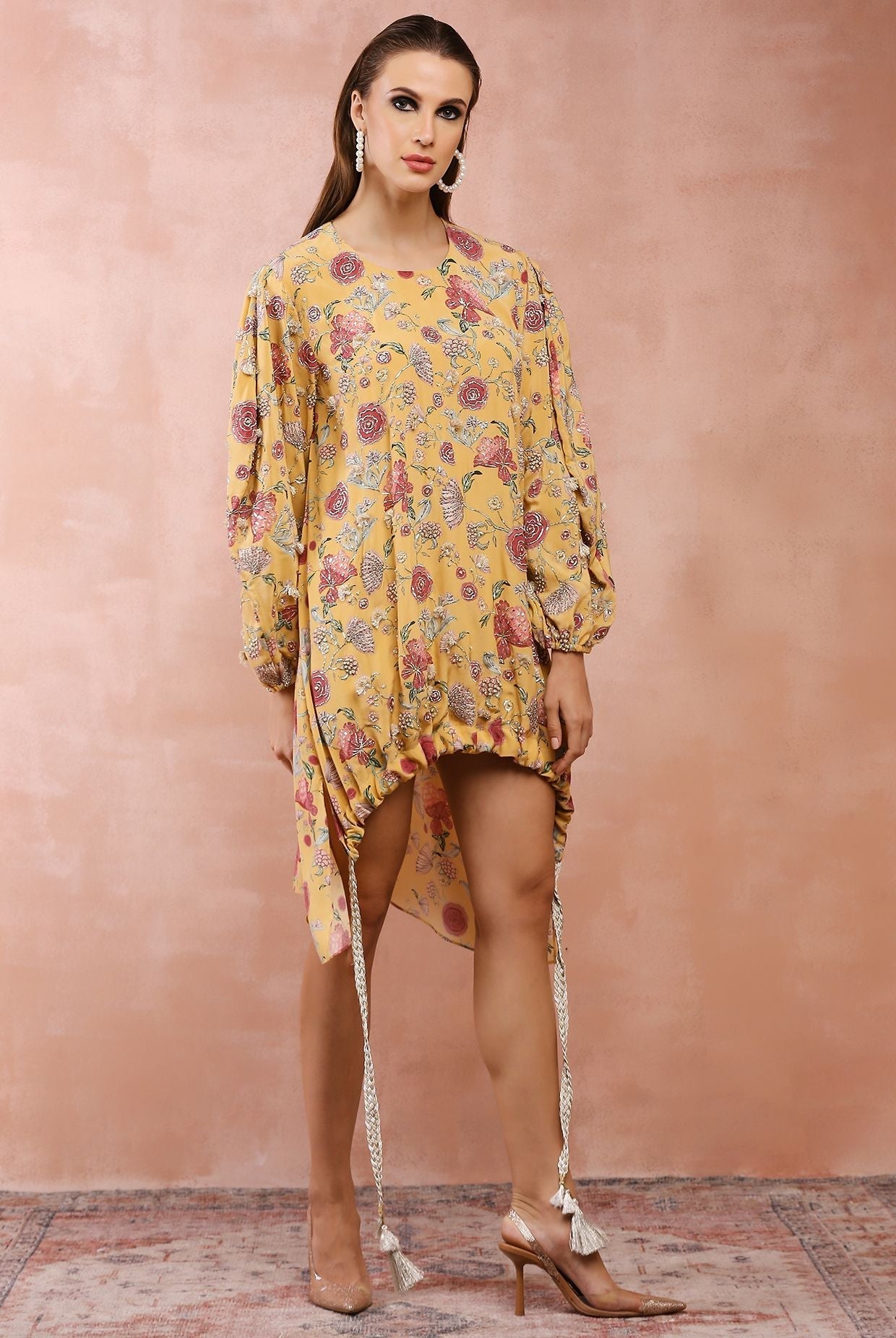 Mustard gulbagh print front embroidered drawstring top