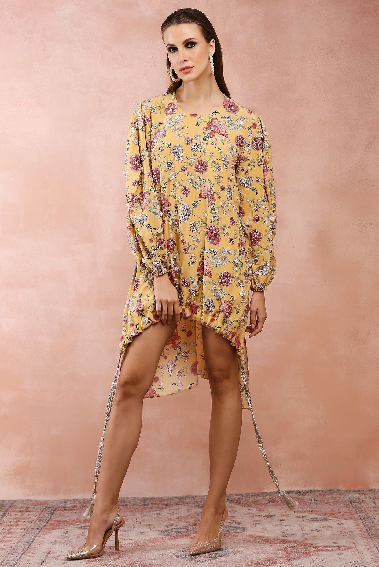 Mustard gulbagh print front embroidered drawstring top