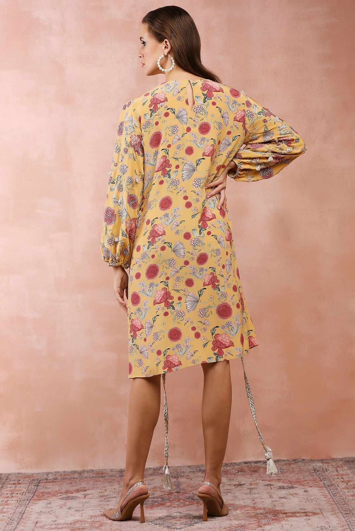 Mustard gulbagh print front embroidered drawstring top