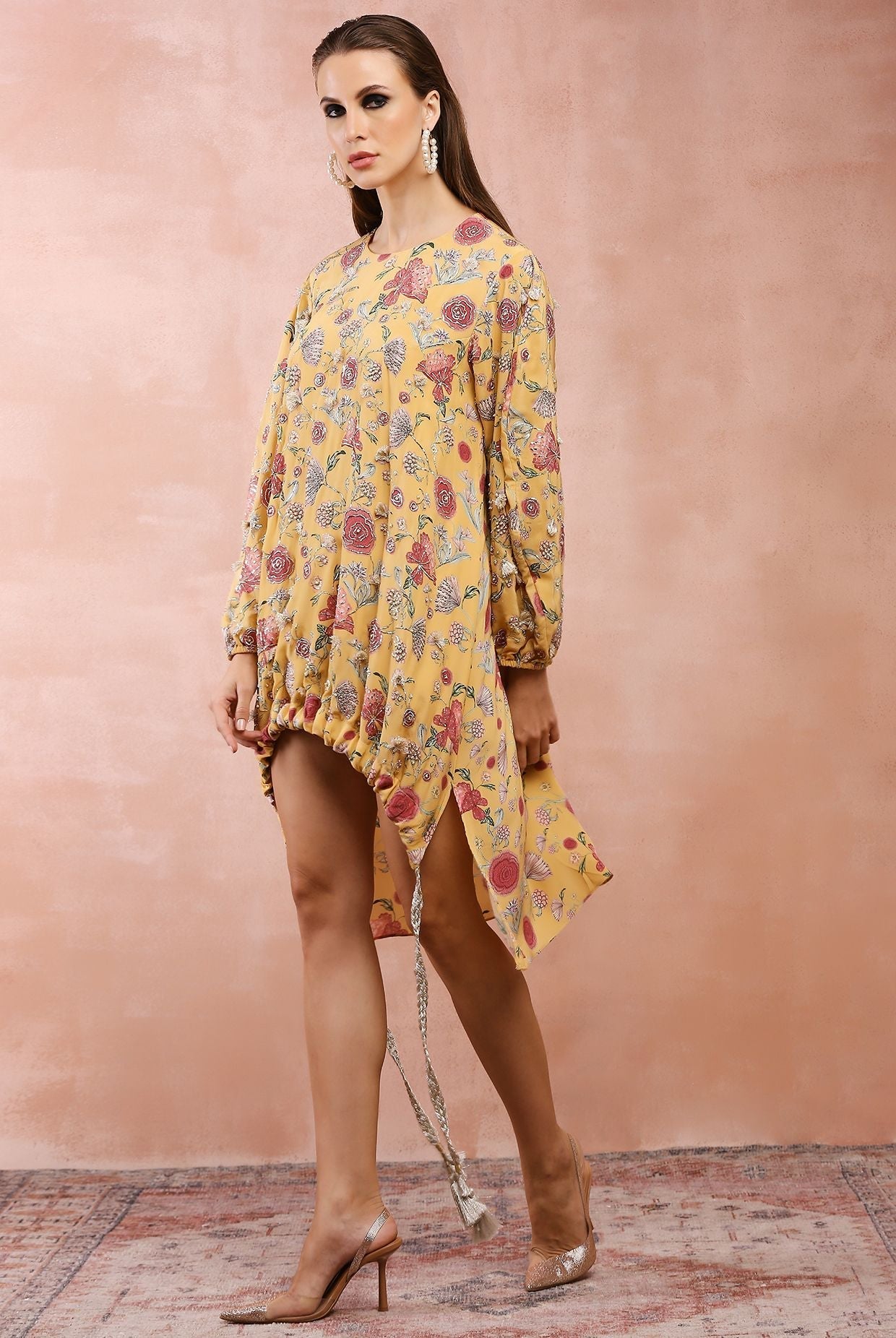 Mustard gulbagh print front embroidered drawstring top