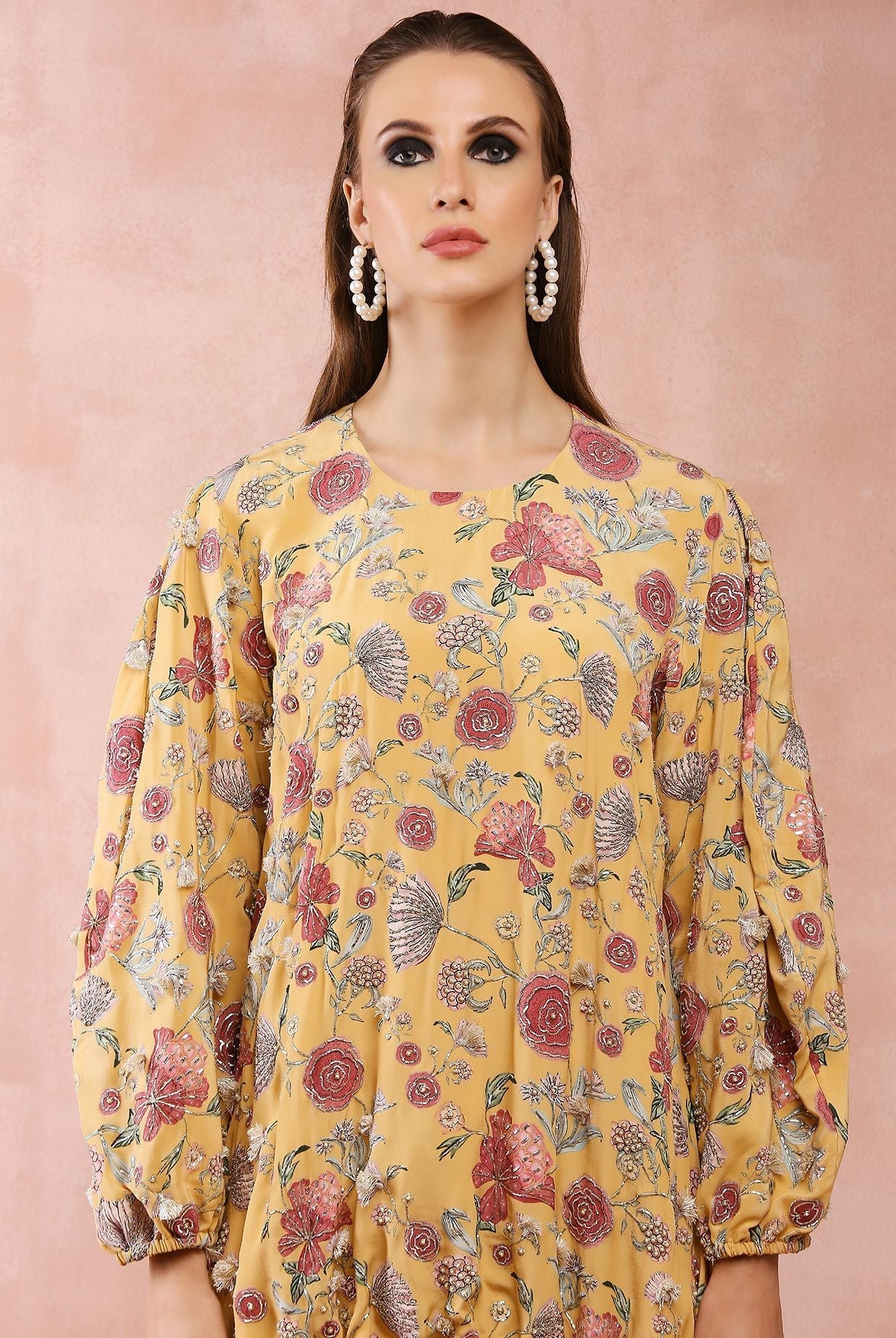 Mustard gulbagh print front embroidered drawstring top